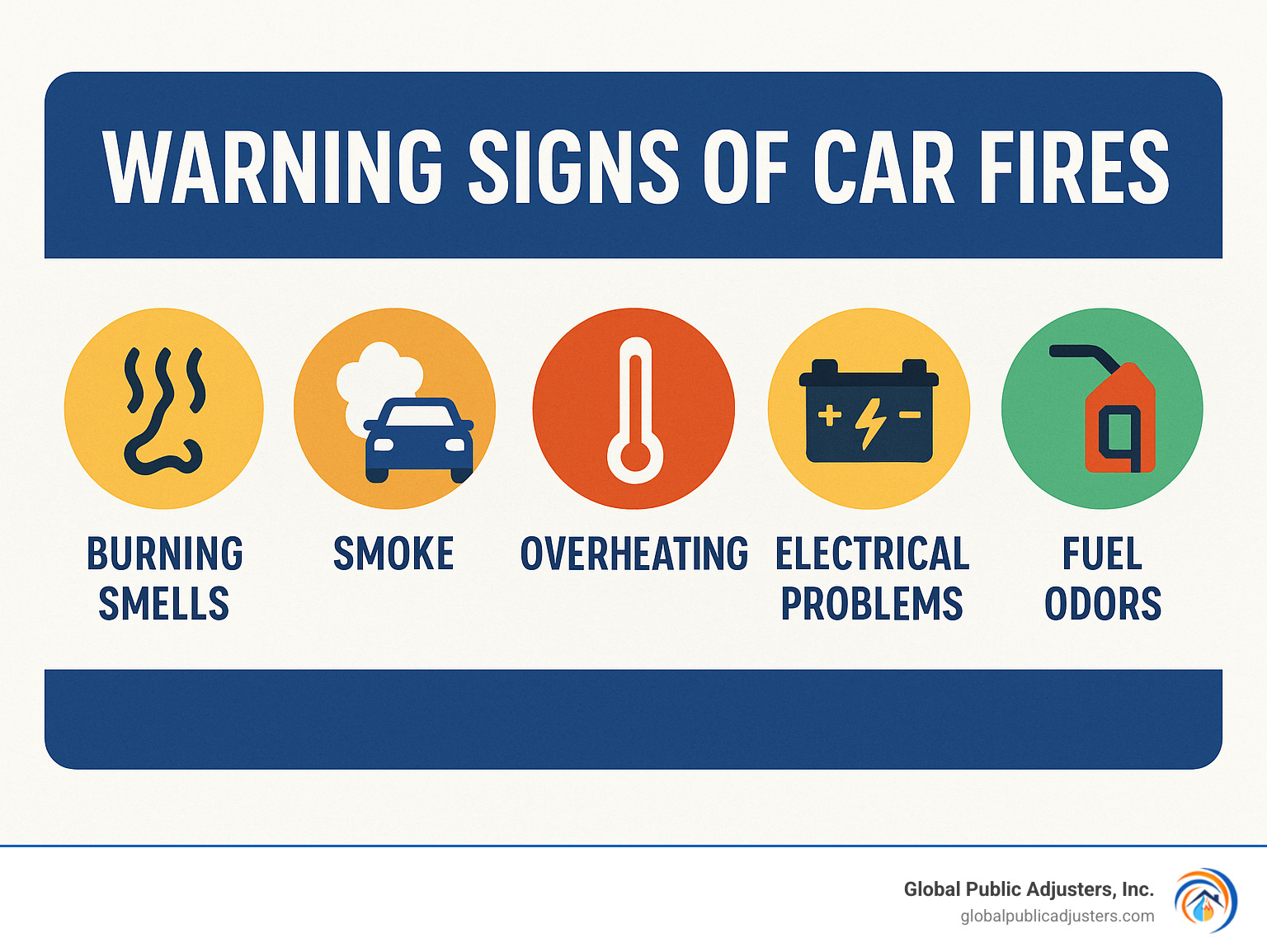 Infographic showing warning signs of car fires with icons for burning smells, smoke, overheating, electrical problems, and fuel odors - does car insurance cover fire damage infographic 