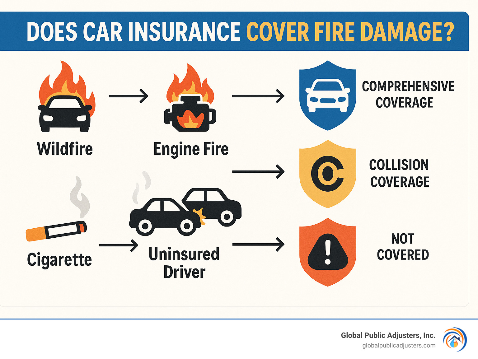 Infographic showing cause-to-coverage mapping with icons for different fire causes and corresponding insurance coverage types - does car insurance cover fire damage infographic 