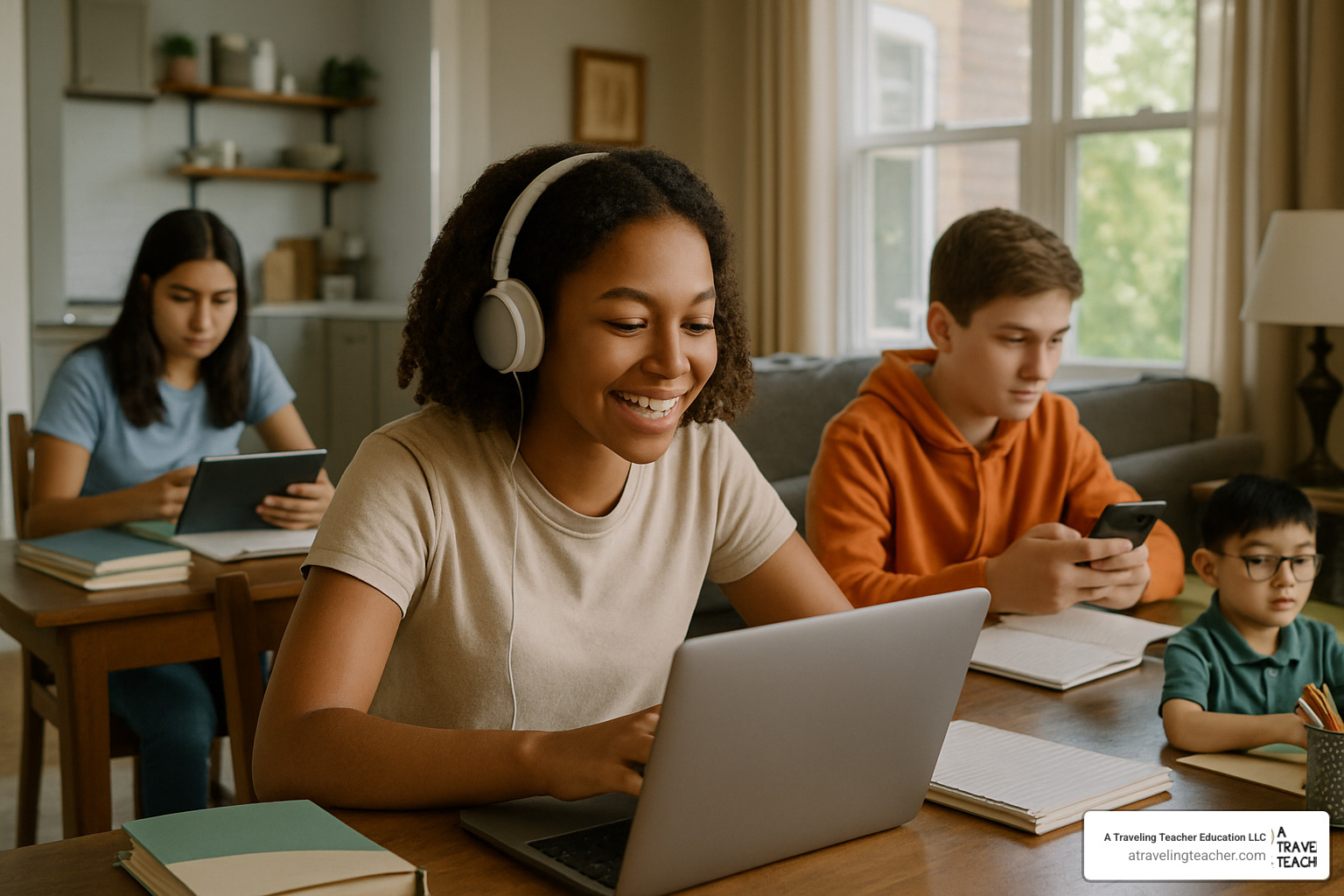 Students using various devices and internet connections to access virtual learning - engaging virtual lessons