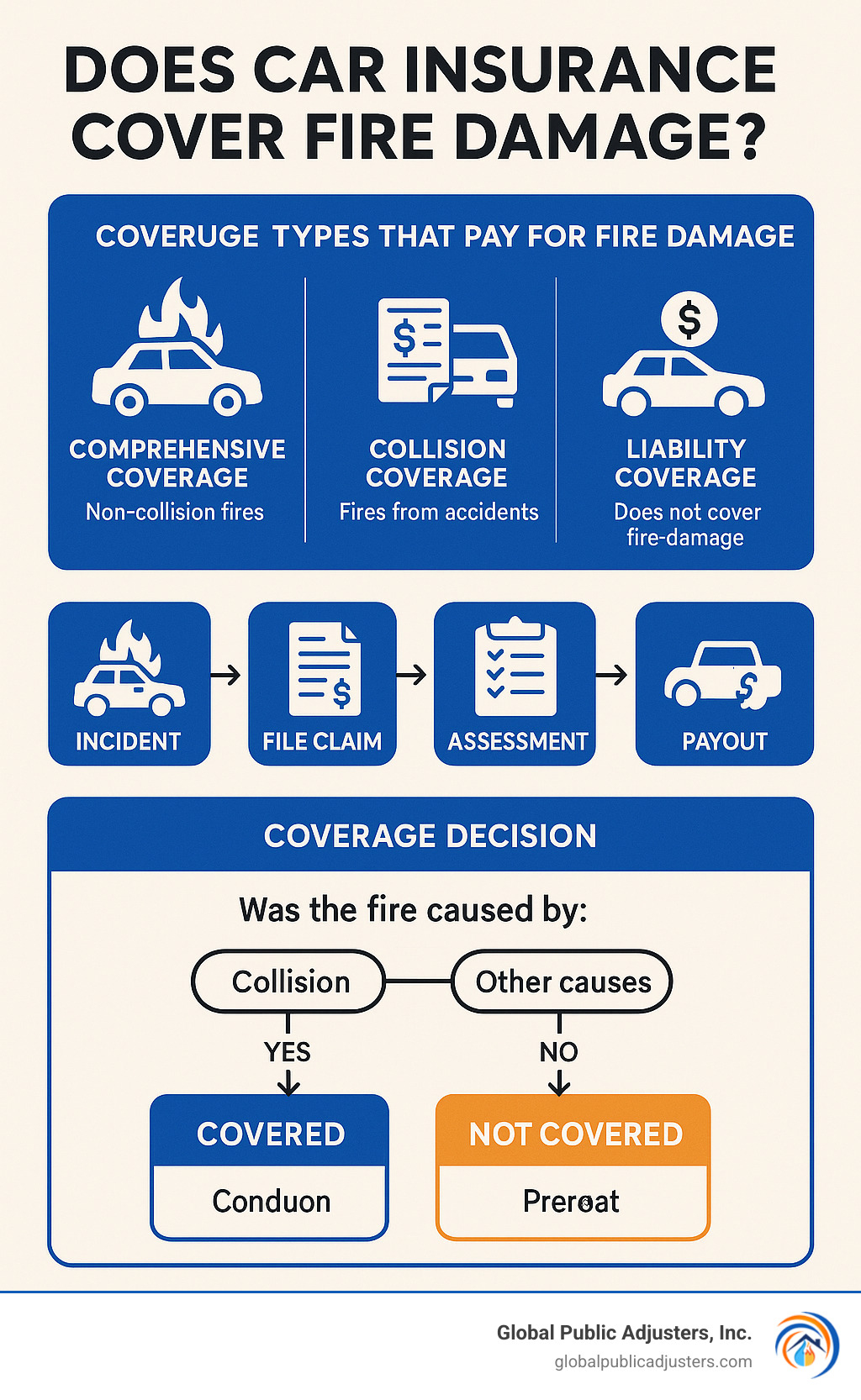 Comprehensive infographic showing car insurance fire damage coverage types, claim process timeline from incident to payout, and coverage decision flowchart based on fire cause - does car insurance cover fire damage infographic 