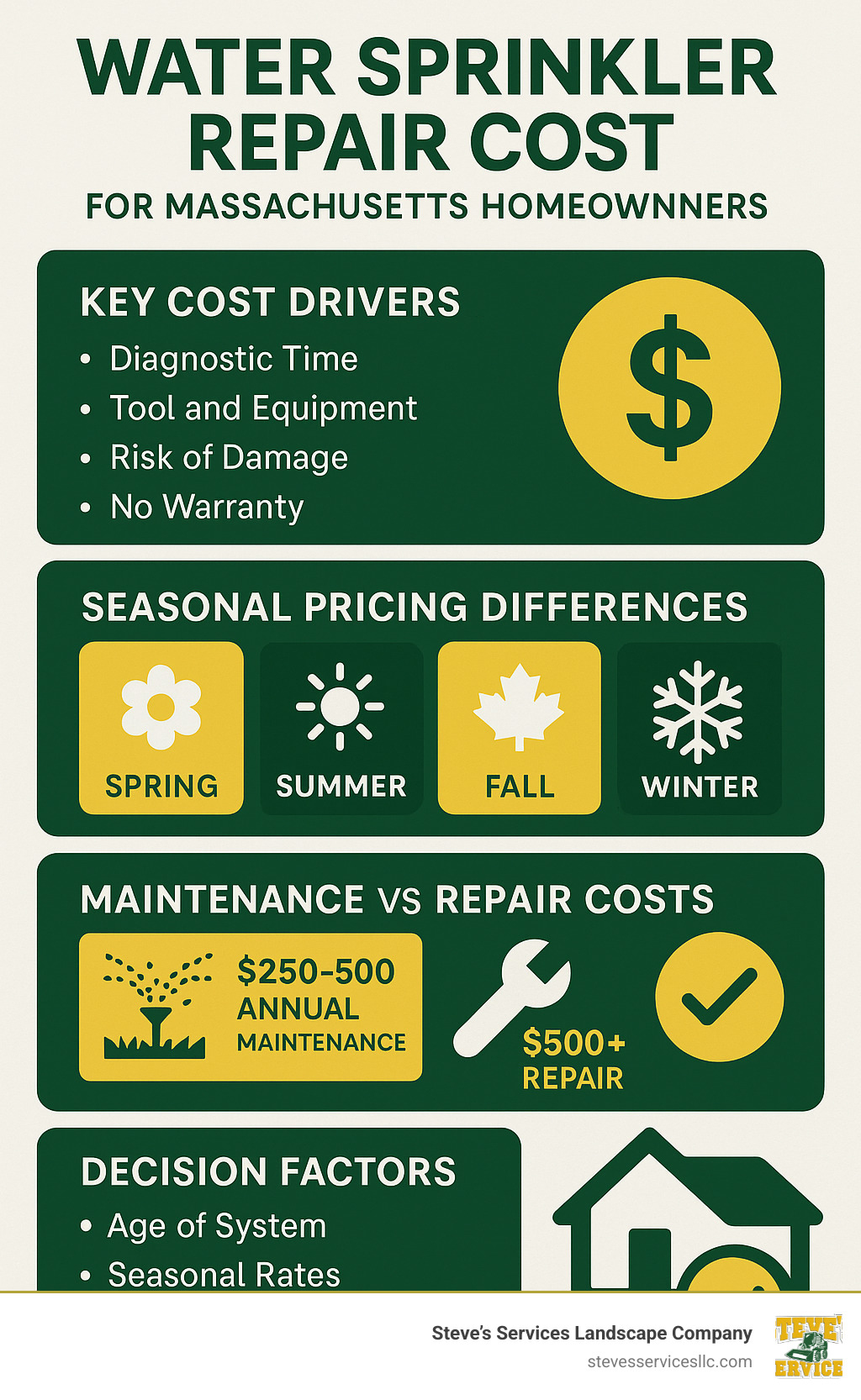 Summary infographic showing key cost drivers, seasonal pricing differences, maintenance vs repair costs, and decision factors for Massachusetts homeowners - water sprinkler repair cost infographic