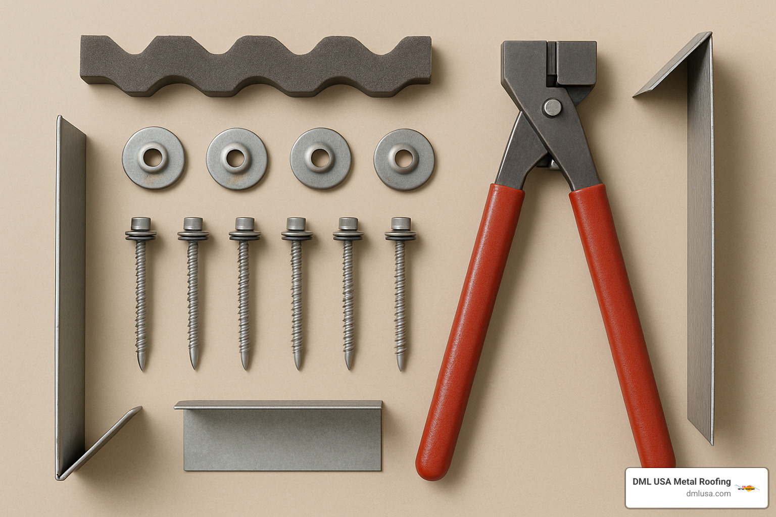 Flat lay arrangement showing metal deck accessories including foam closures, weld washers, screws, button punch tool, and edge trim pieces - metal roof decking suppliers near me