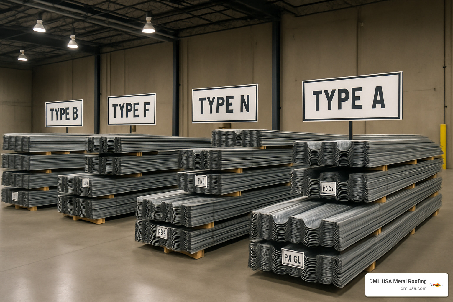 Warehouse interior showing organized stacks of metal decking with different profiles and gauges clearly labeled, demonstrating proper inventory management - metal roof decking suppliers near me