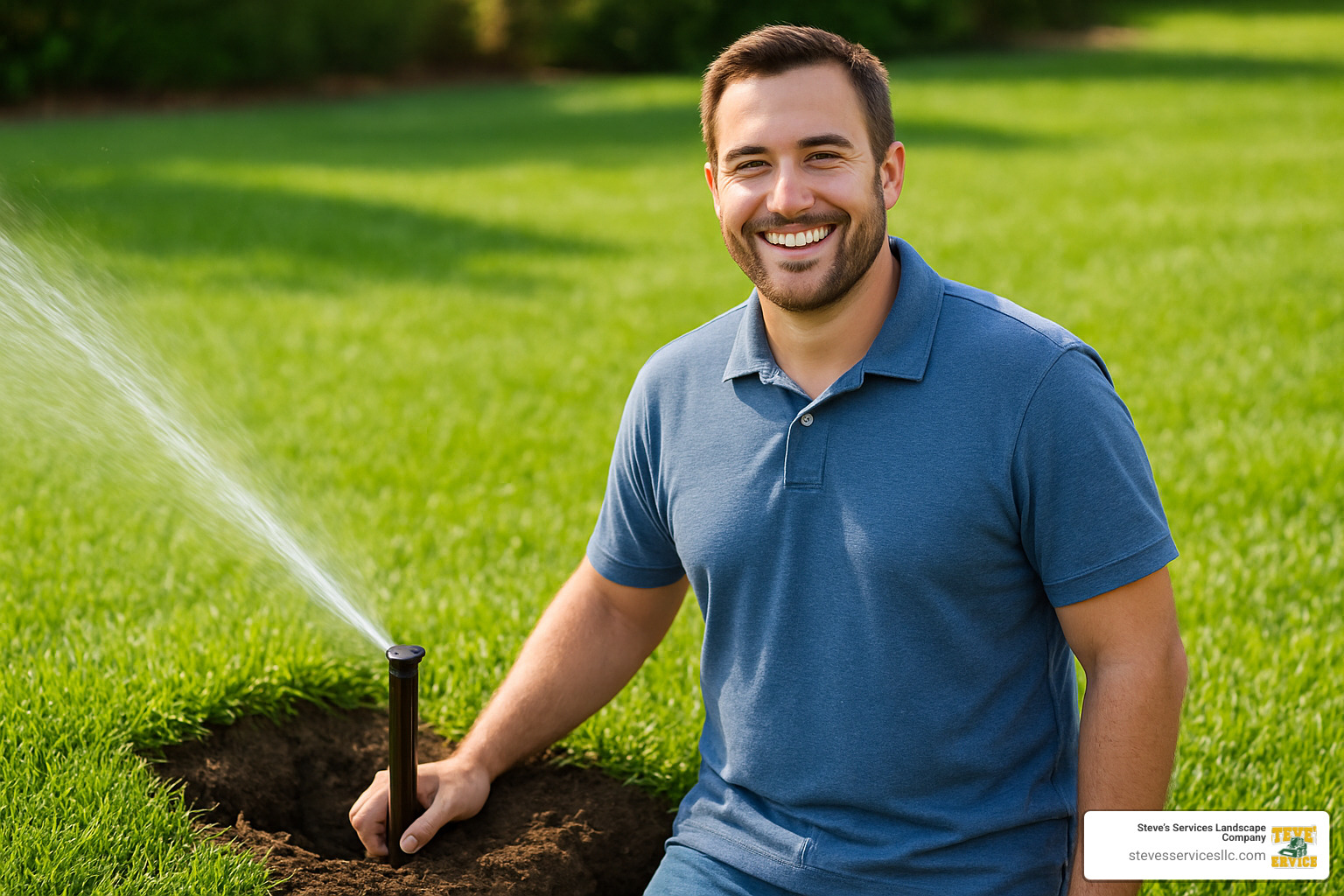 satisfied homeowner with repaired sprinkler system and healthy lawn - water sprinkler repair cost