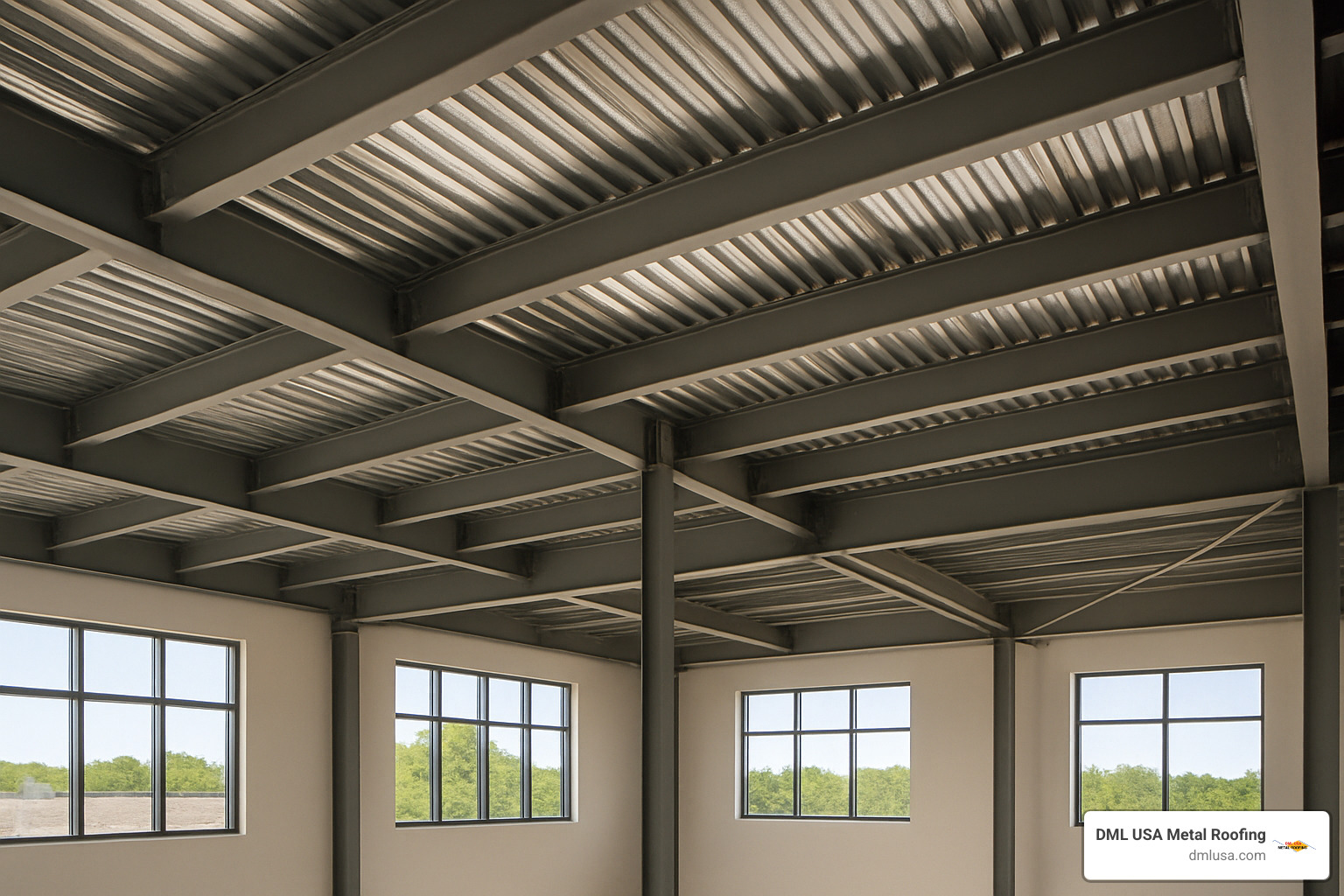 Completed commercial building showing exposed steel deck ceiling from interior perspective, demonstrating the finished appearance and structural capability - metal roof decking suppliers near me