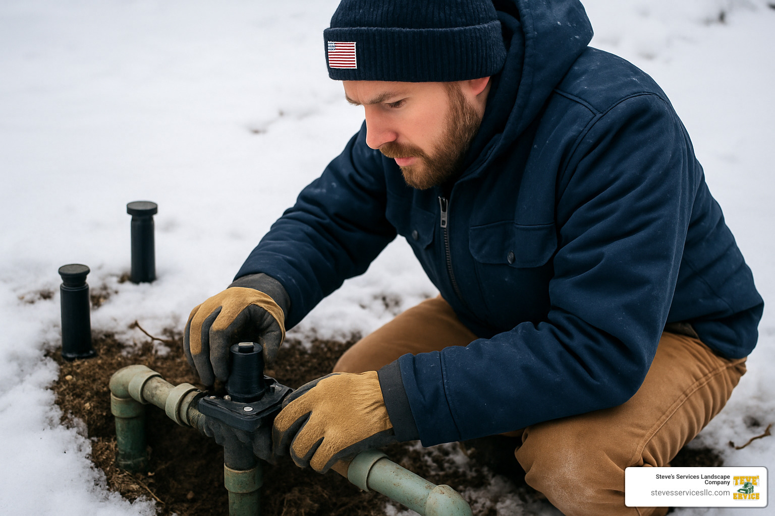 sprinkler technician working in winter conditions - water sprinkler repair cost