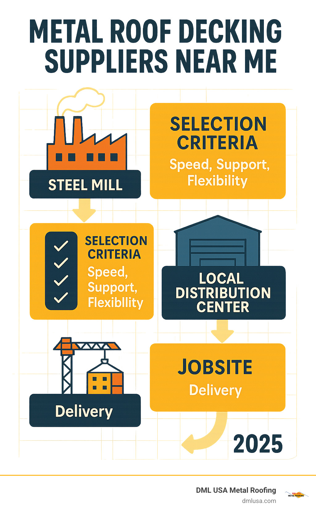 Infographic showing the complete supply chain process from steel mill production through local distribution centers to final jobsite delivery, highlighting key decision points for selecting metal roof decking suppliers - metal roof decking suppliers near me infographic 