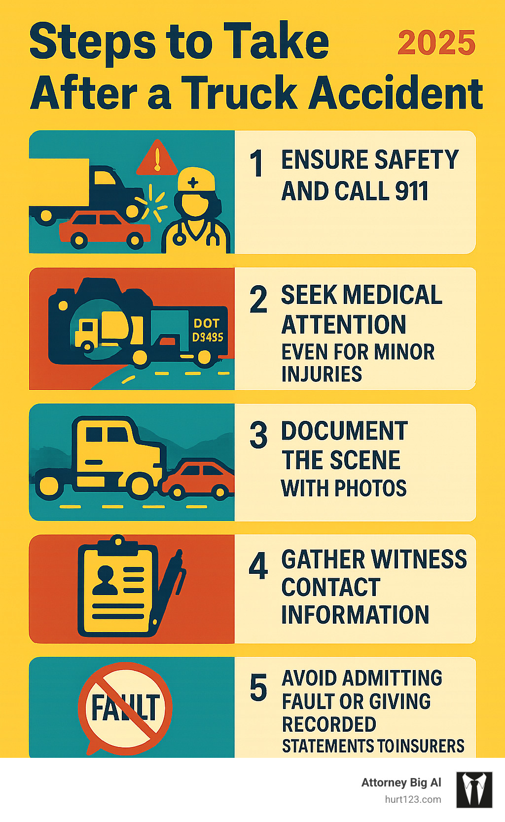 Infographic showing immediate steps after truck accident: 1) Ensure safety and call 911, 2) Seek medical attention even for minor injuries, 3) Document scene with photos of vehicles, road conditions, and truck's DOT number, 4) Gather witness contact information, 5) Avoid admitting fault or giving recorded statements to insurers - truck accident lawyer orange infographic