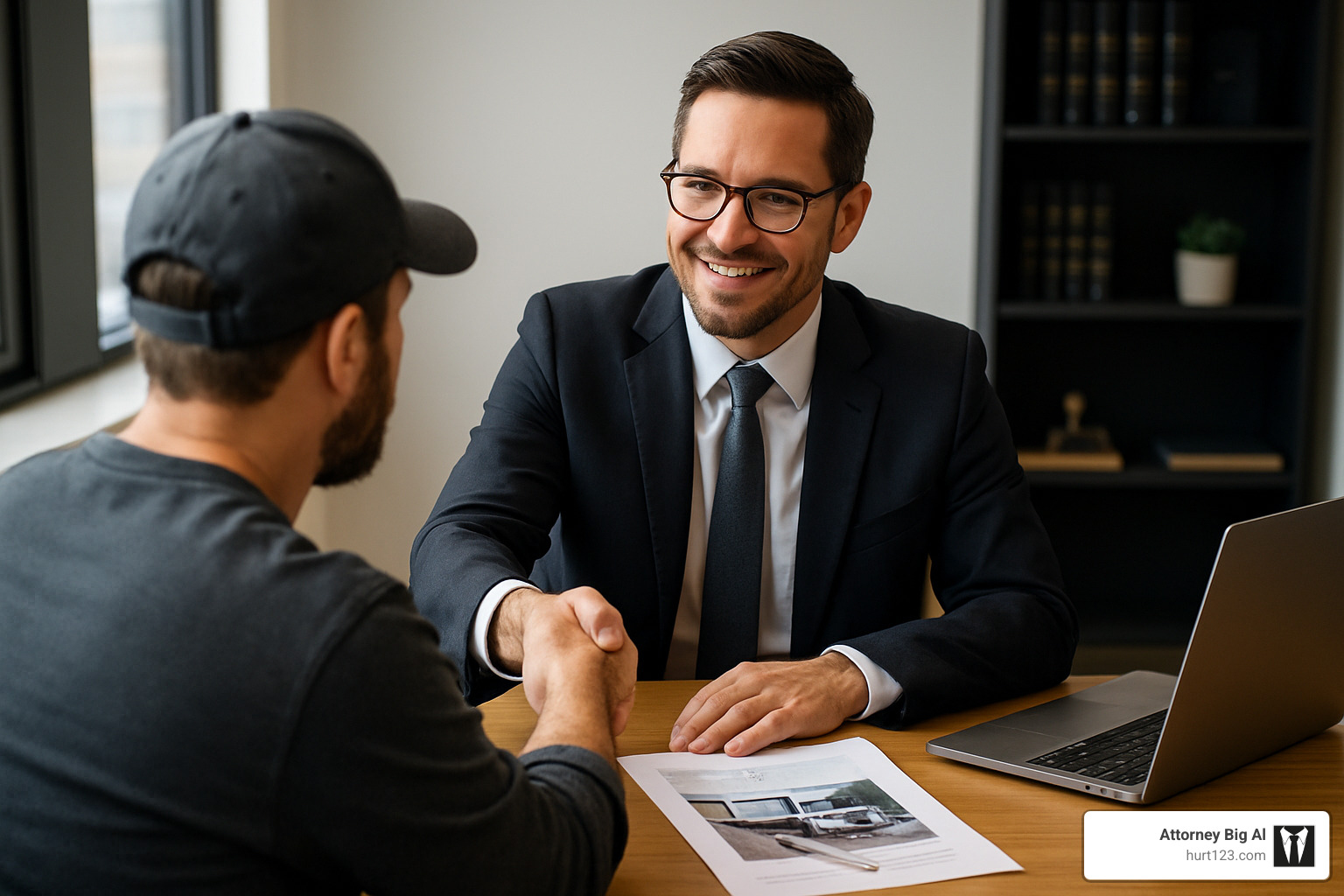 Attorney meeting with truck accident client in professional office setting - truck accident lawyer orange