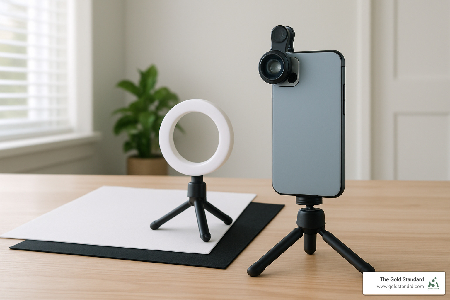 Budget-friendly cannabis photography kit including smartphone with clip-on macro lens, adjustable tripod, LED ring light, and backdrop materials - cannabis photography