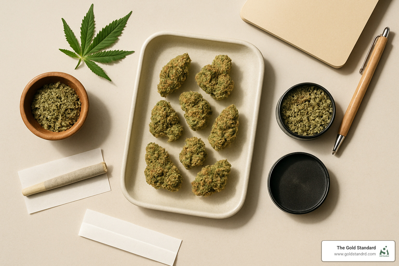 Professionally styled flat-lay cannabis photography setup with natural lighting, complementary props, and clean composition - cannabis photography