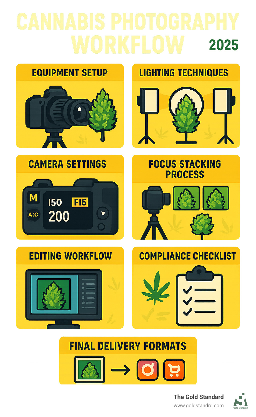Comprehensive cannabis photography workflow showing equipment setup, lighting techniques, camera settings, focus stacking process, editing workflow, compliance checklist, and final delivery formats for social media and e-commerce - cannabis photography infographic 