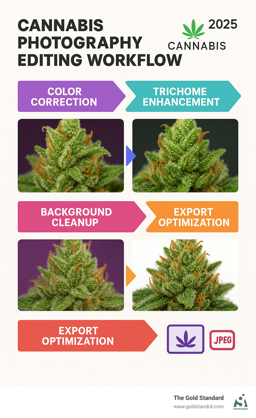 Cannabis photography editing workflow showing color correction, trichome improvement, background cleanup, and export optimization steps - cannabis photography infographic 