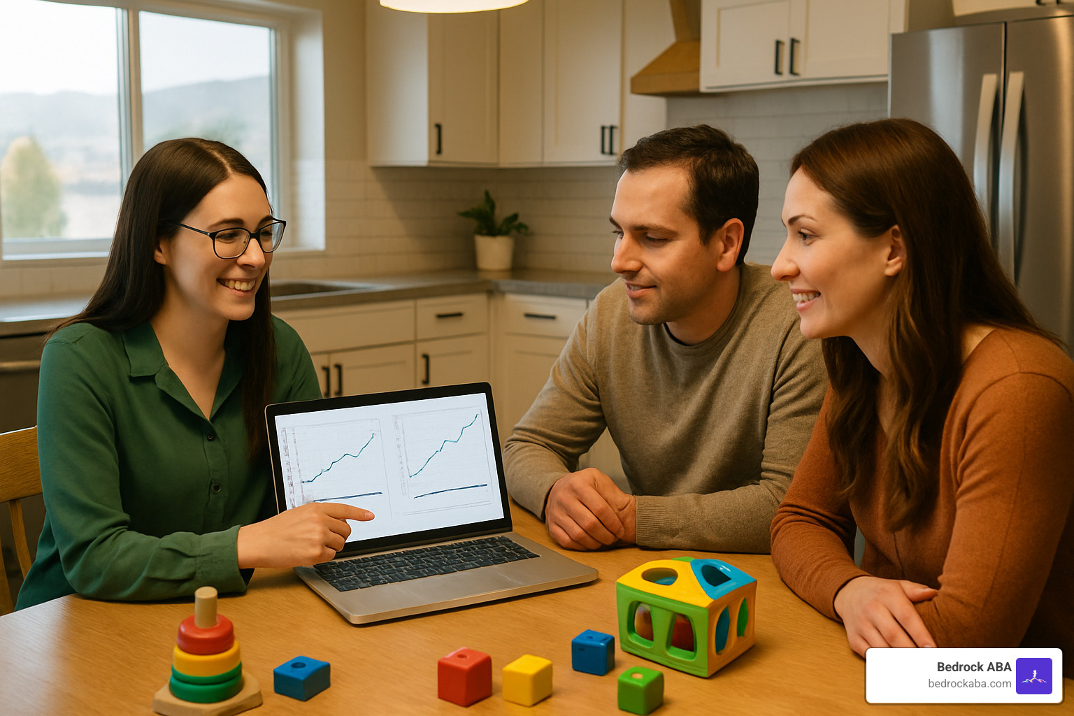 BCBA reviewing progress data graphs with parents during monthly meeting - in-home aba therapy in utah