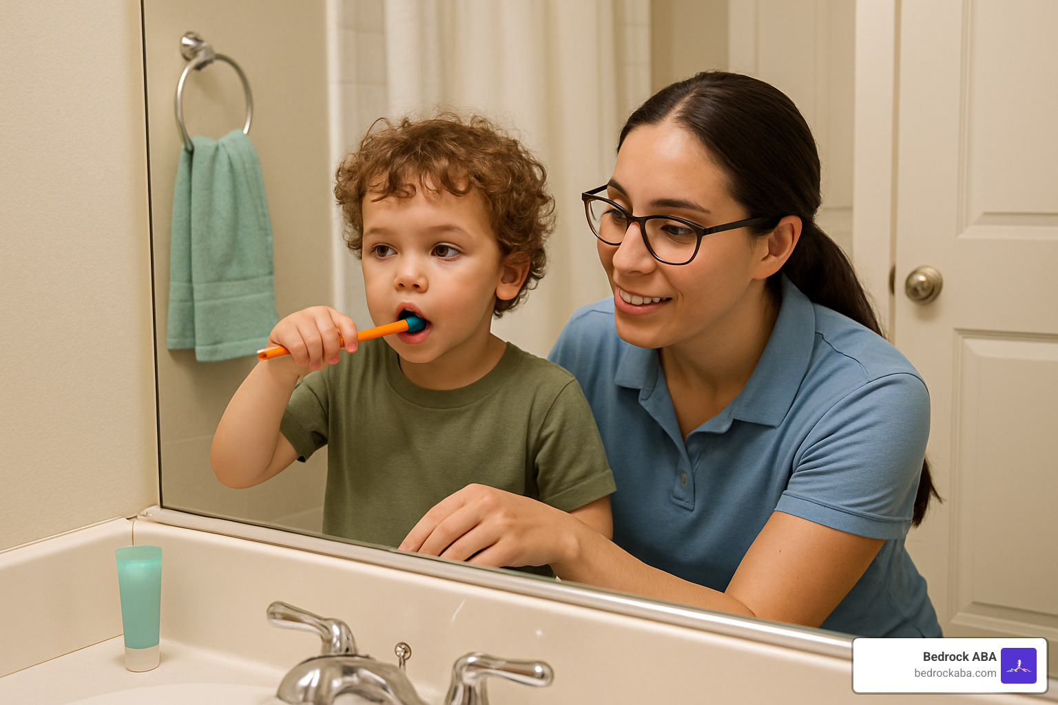 Child practicing tooth brushing skills with RBT in their own bathroom - in-home aba therapy in utah
