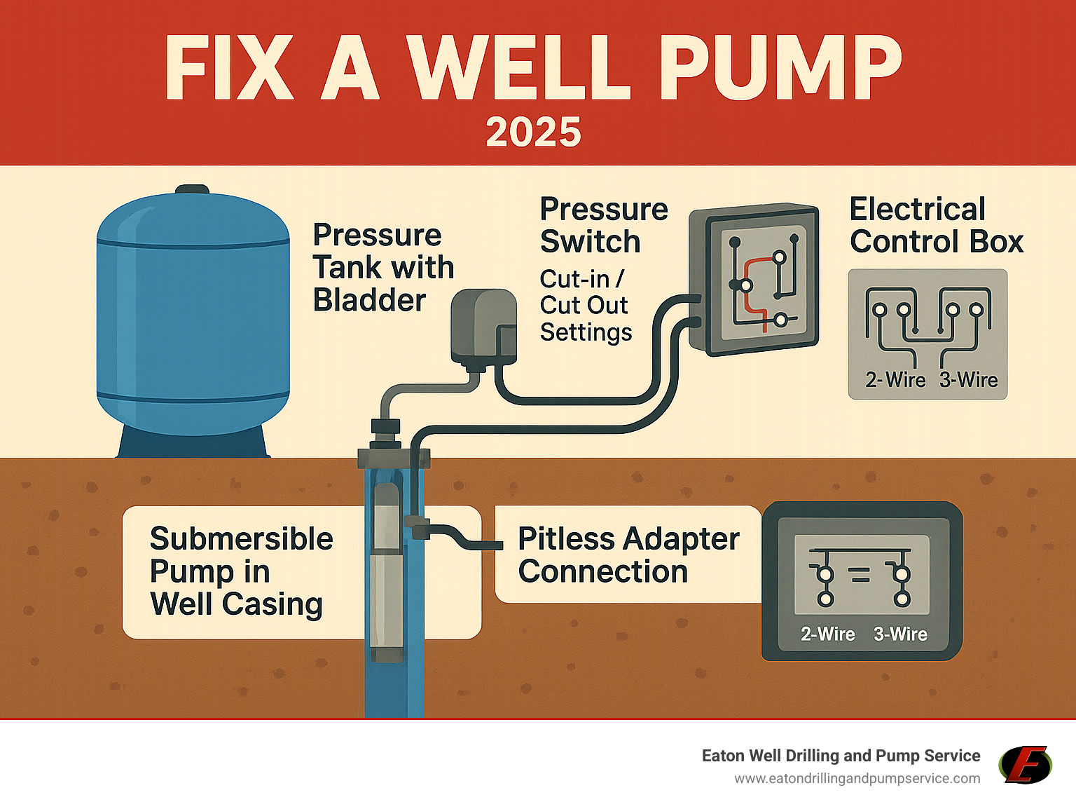 Infographic showing well pump system components including pressure tank with bladder, pressure switch with cut-in/cut-out settings, submersible pump in well casing, pitless adapter connection, and electrical control box with wiring diagram for 2-wire vs 3-wire systems - fix a well pump infographic 