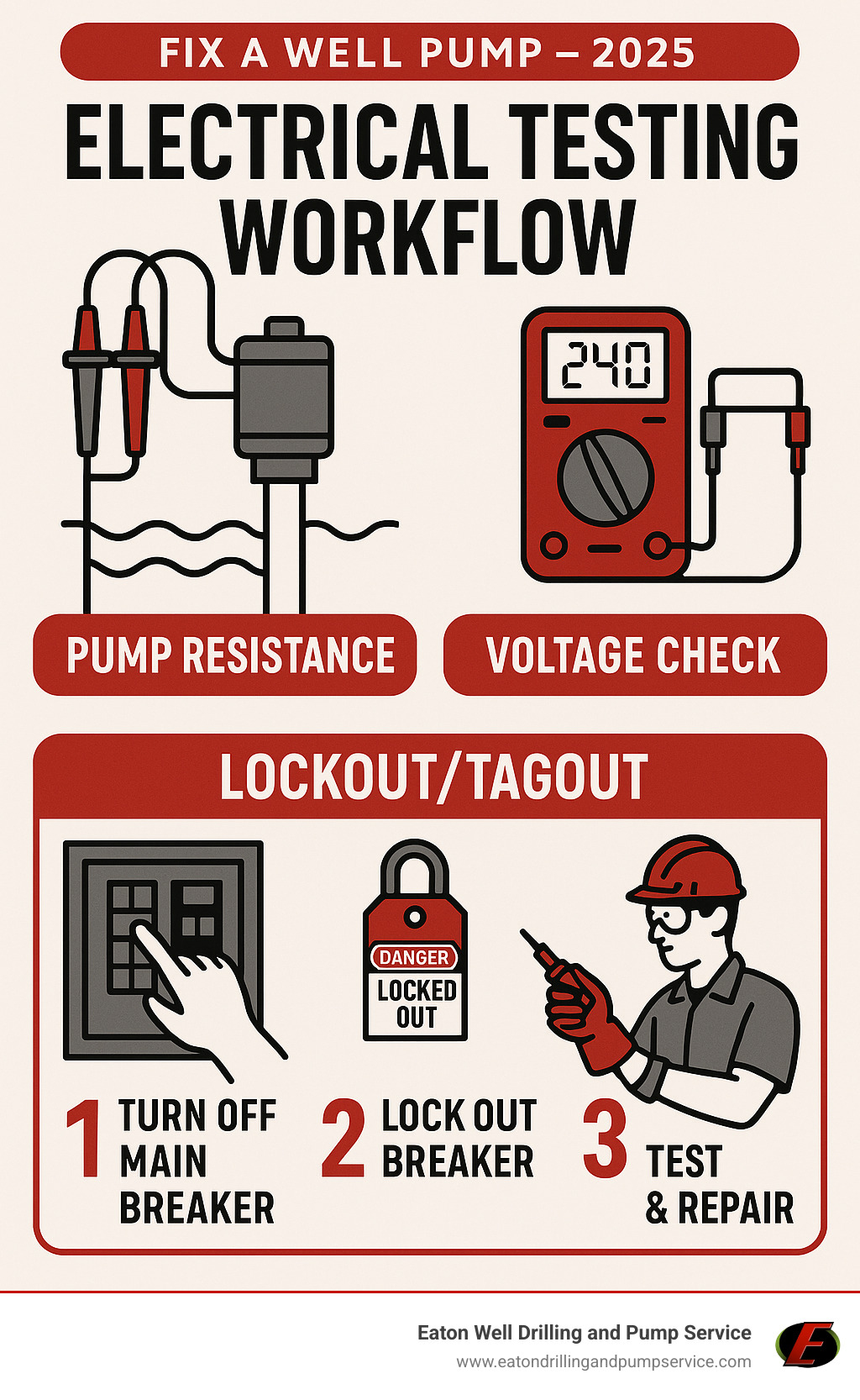 Infographic showing electrical testing workflow with multimeter readings for pump resistance, voltage checks at pressure switch, and step-by-step lockout/tagout safety procedures - fix a well pump infographic 