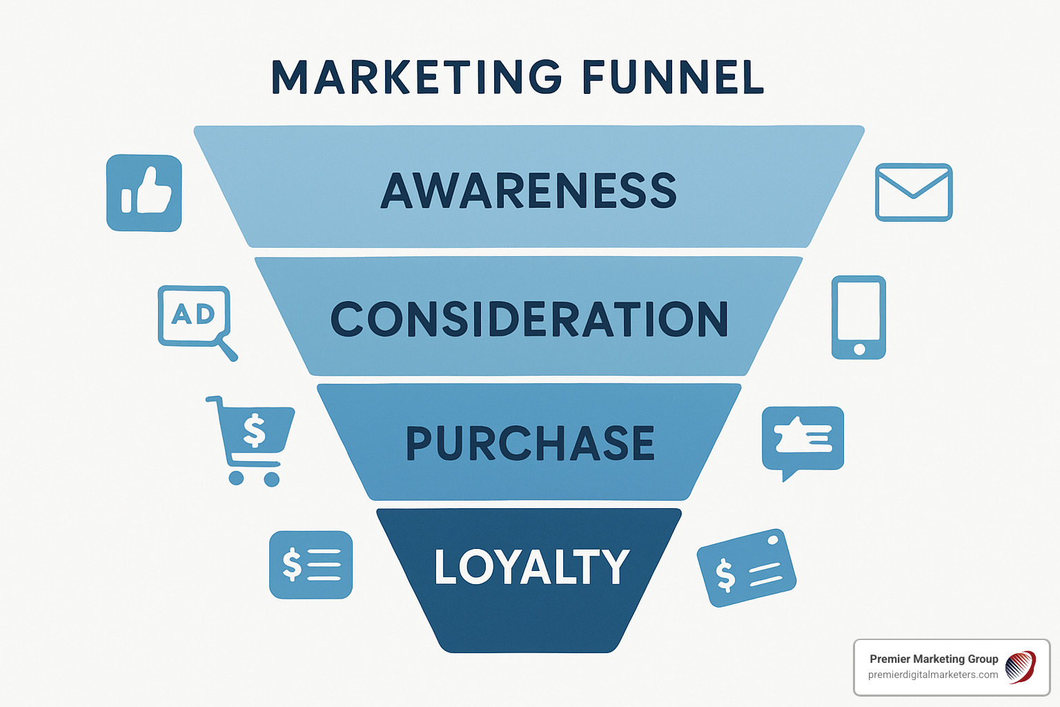 Marketing funnel showing awareness, consideration, purchase, and loyalty stages with digital touchpoints at each level - digital retail marketing