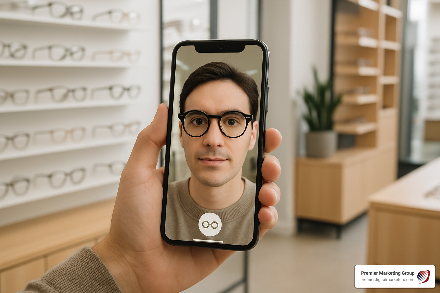 AR try-on experience showing a customer using their smartphone to virtually try on glasses, with the AR interface overlaying the product on their face in real-time - digital retail marketing