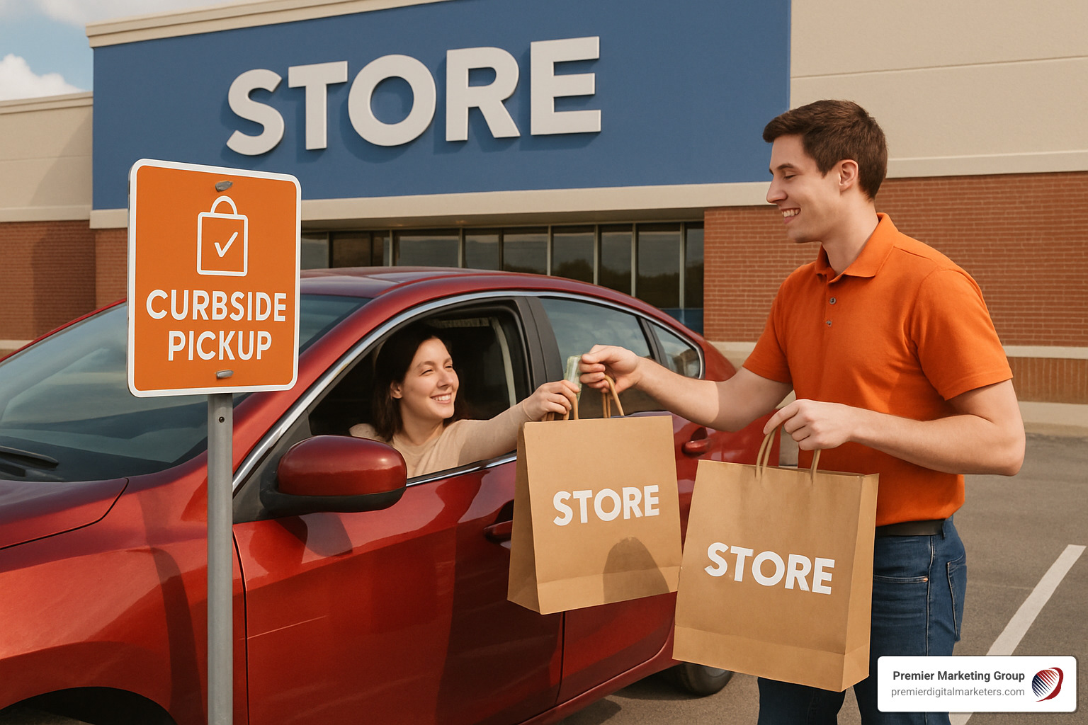Curbside pickup scene showing a customer receiving their online order at their car, with store branding visible and a seamless handoff process - digital retail marketing