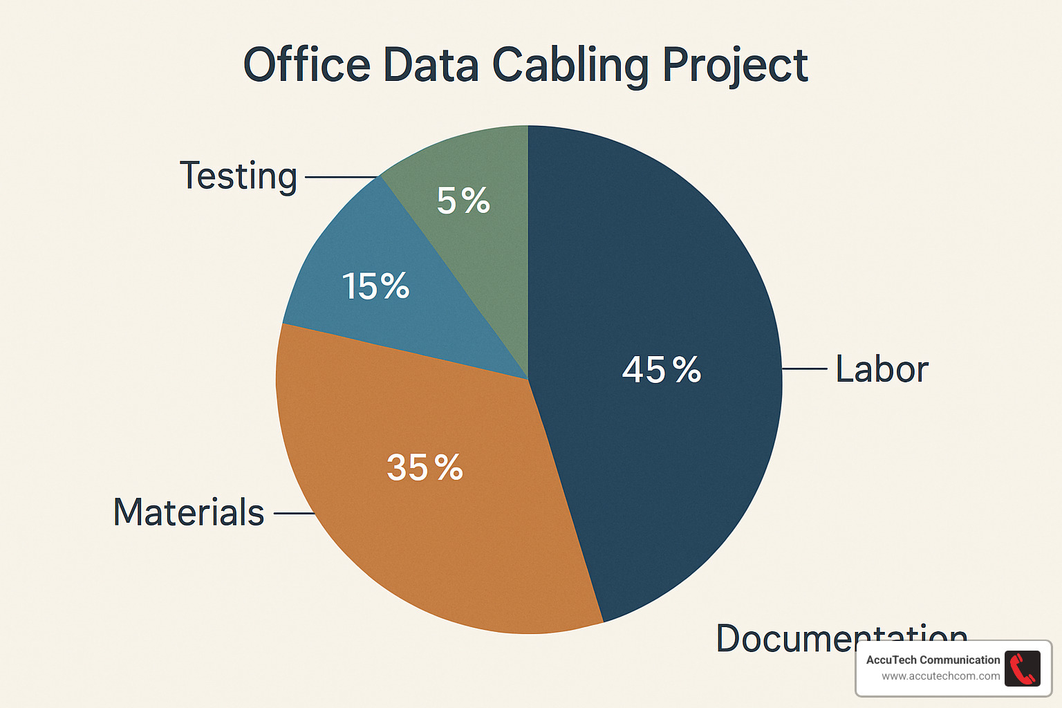 Pie chart showing cost breakdown of office cabling project with percentages for materials, labor, testing, and documentation - Data cabling for offices