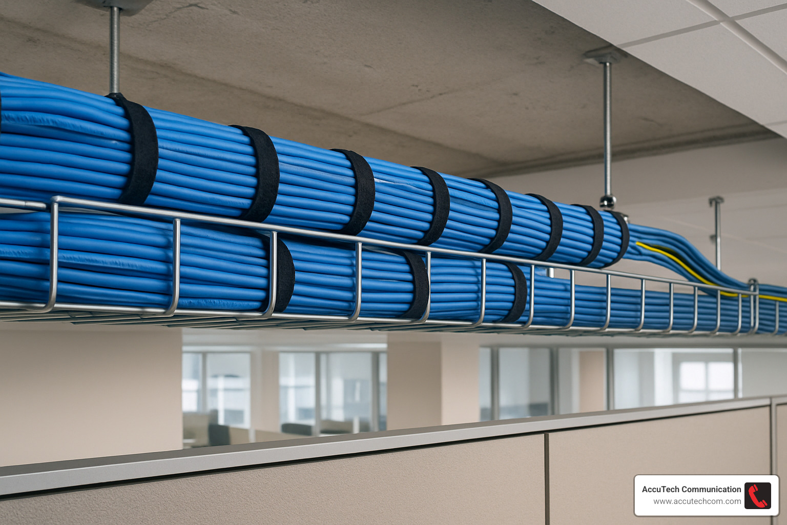 Proper cable tray installation with organized Velcro ties and cable management - Data cabling for offices
