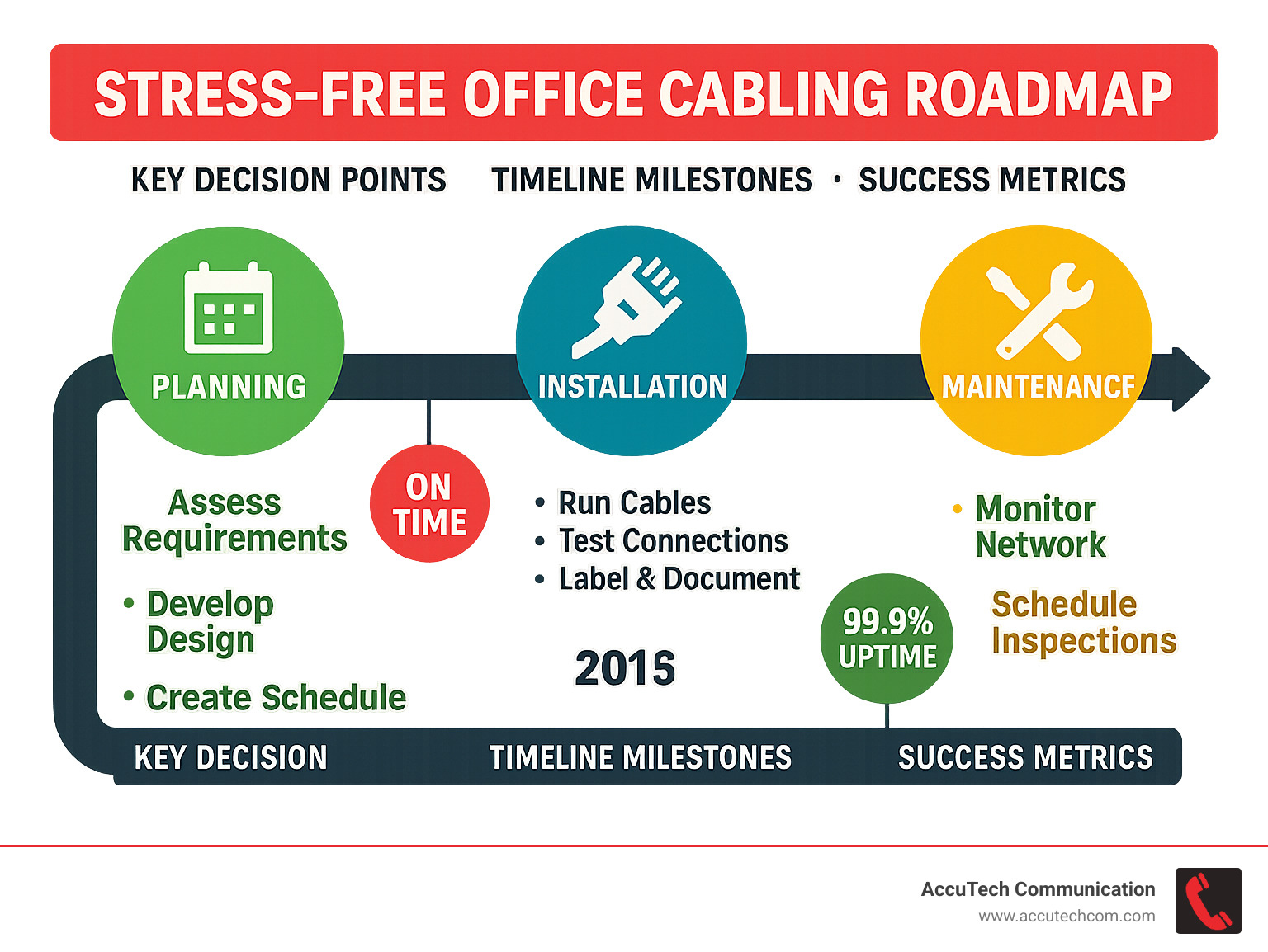 Comprehensive infographic summarizing the stress-free office cabling roadmap with key decision points, timeline milestones, and success metrics for planning, installation, and maintenance phases - Data cabling for offices infographic 