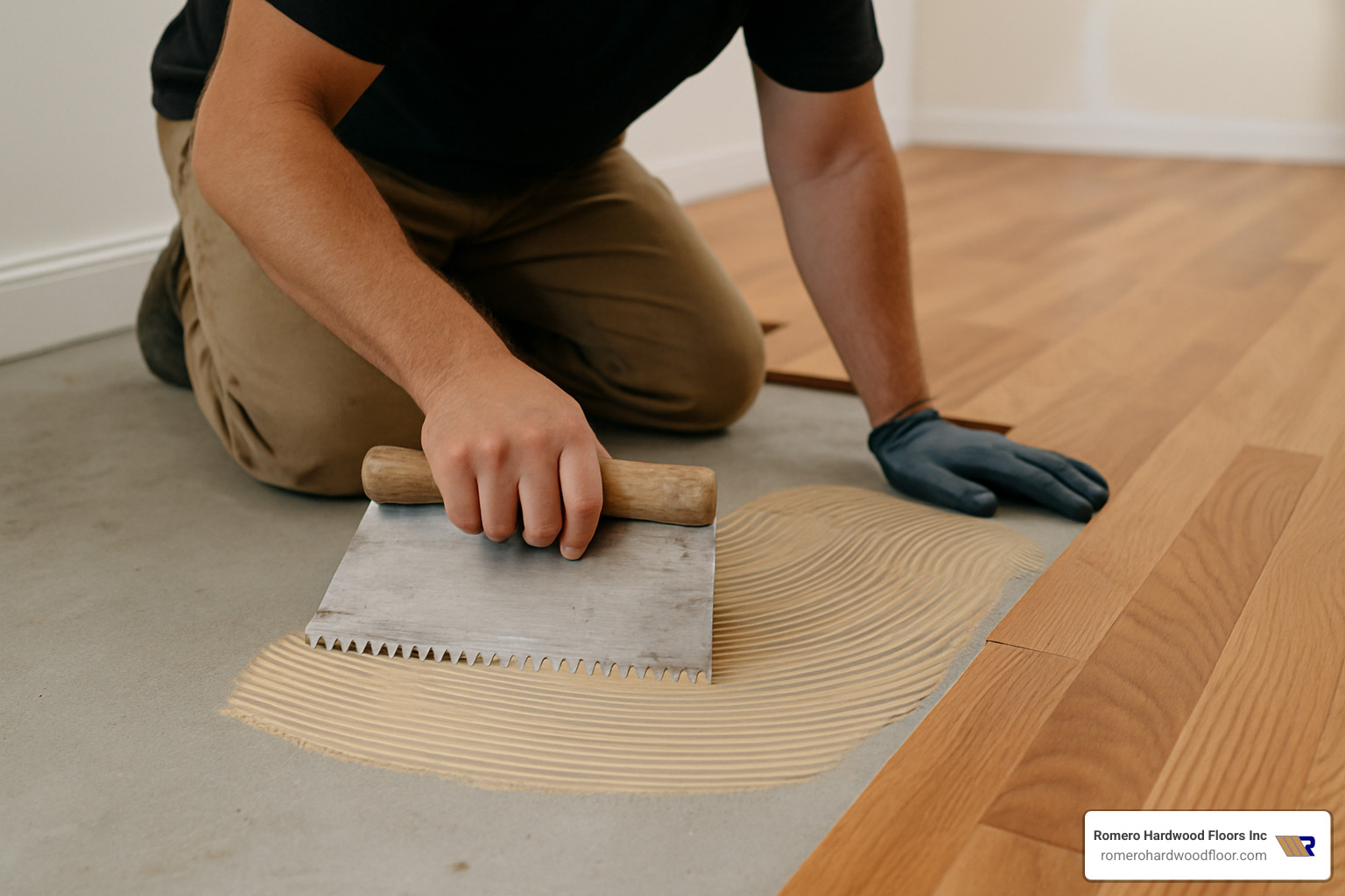 adhesive being applied to concrete with notched trowel - Hardwood Floor Installation Concrete