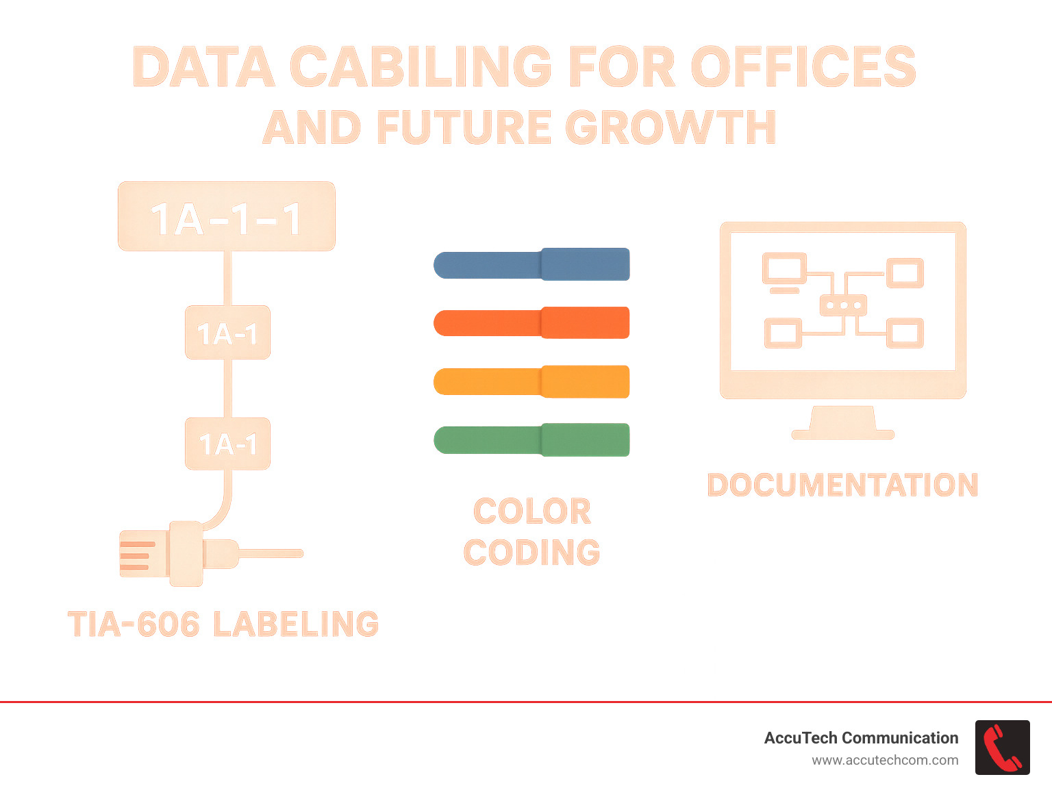 Detailed infographic showing proper cable labeling hierarchy with examples of TIA-606 standards, color coding systems, and documentation best practices for office networks - Data cabling for offices infographic 