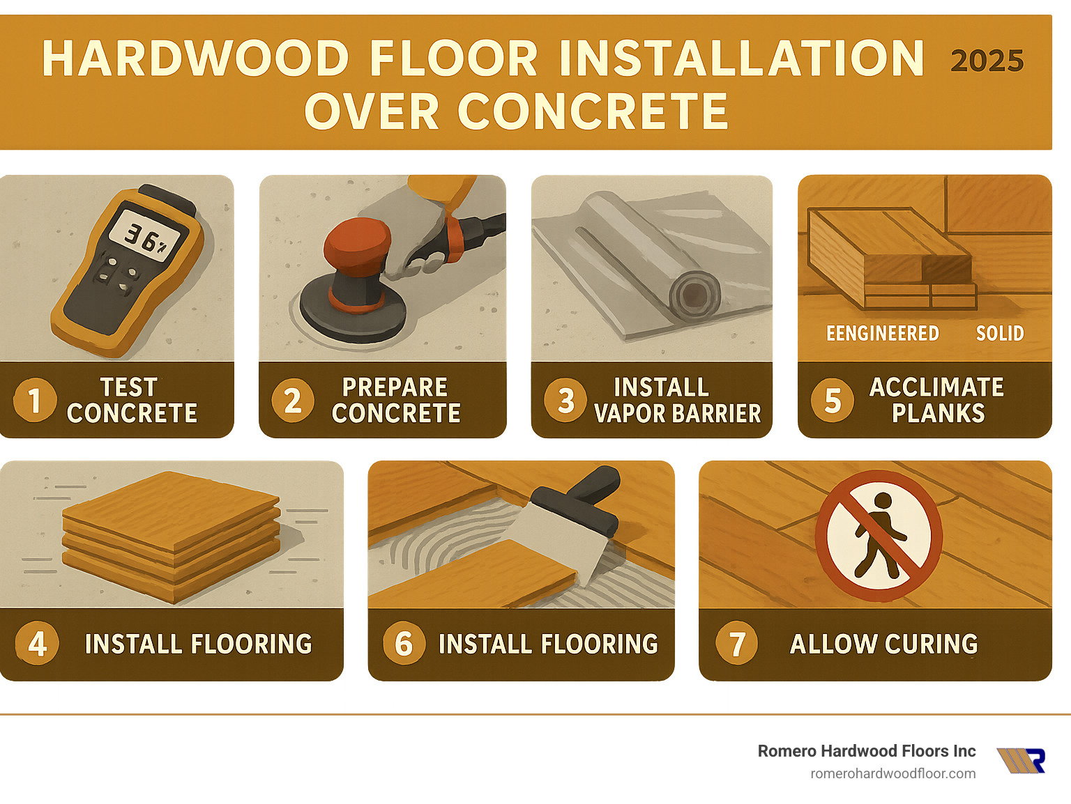 Step-by-step infographic showing the 7 main phases of hardwood floor installation over concrete: moisture testing with meters, concrete preparation with grinding tools, vapor barrier installation with polyethylene sheeting, material selection showing engineered vs solid wood options, acclimation process with stacked planks, installation methods including glue-down and floating techniques, and final curing with traffic restrictions - Hardwood Floor Installation Concrete infographic