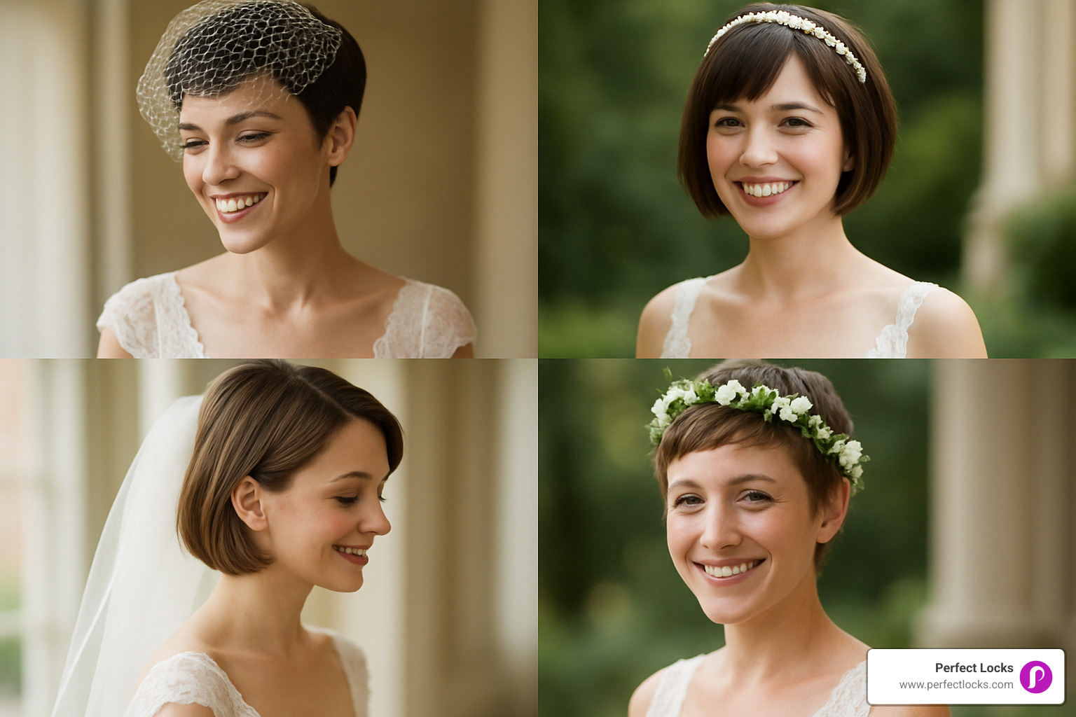 Collage showing four real brides with different short hairstyles: pixie with birdcage veil, bob with pearl tiara, lob with bow veil, and textured crop with floral crown - wedding hairstyles for short hair with veil and tiara