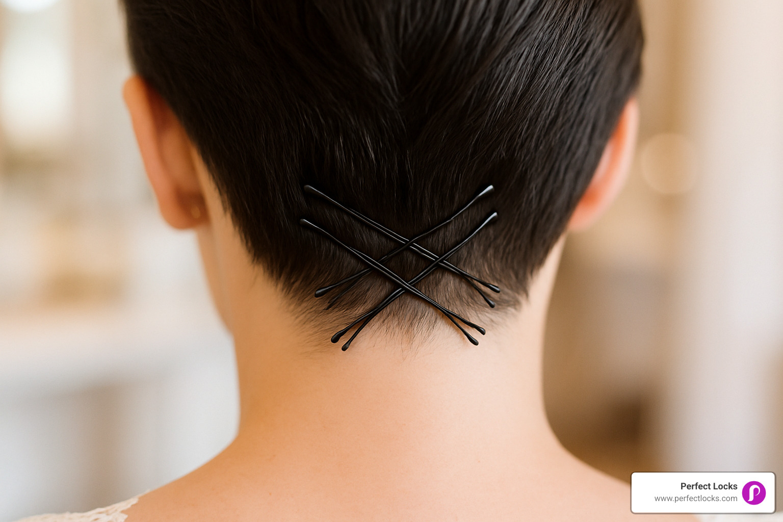 Close-up view of bobby pins creating a secure foundation at the nape of the neck, showing the crisscross pattern technique for maximum hold - wedding hairstyles for short hair with veil and tiara