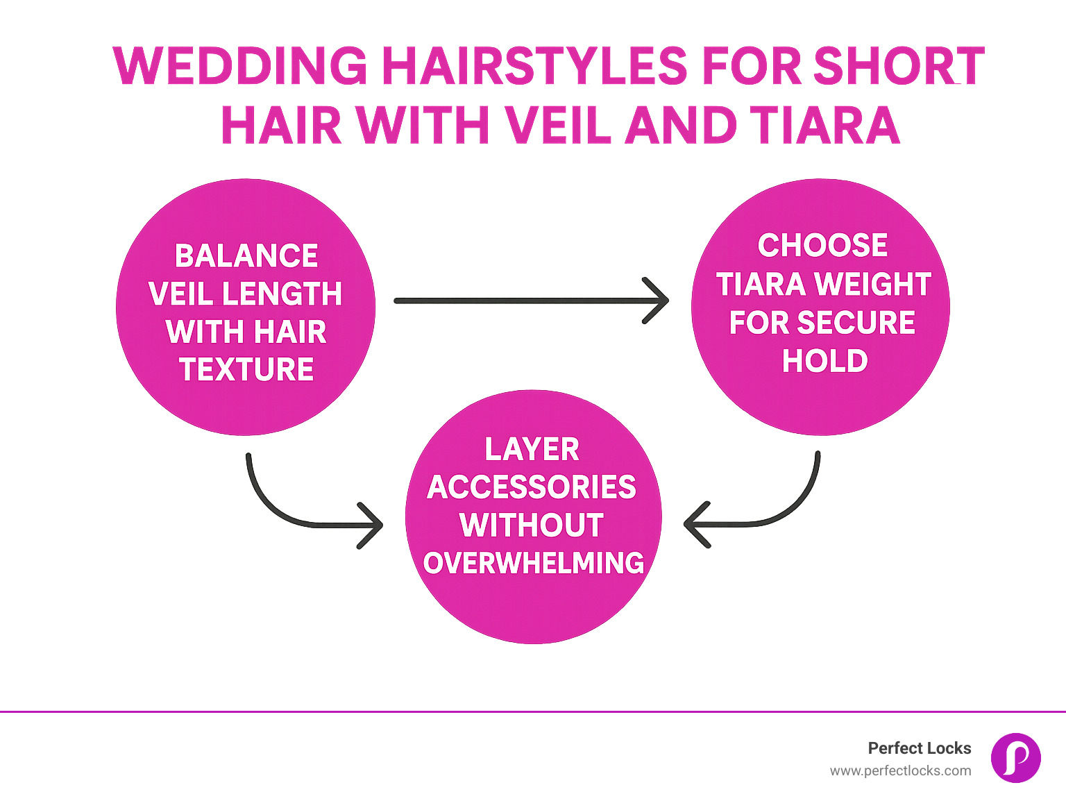 Infographic showing three circular elements: "Balance Veil Length with Hair Texture", "Choose Tiara Weight for Secure Hold", and "Layer Accessories Without Overwhelming" with connecting arrows and styling tips for each element - wedding hairstyles for short hair with veil and tiara infographic 