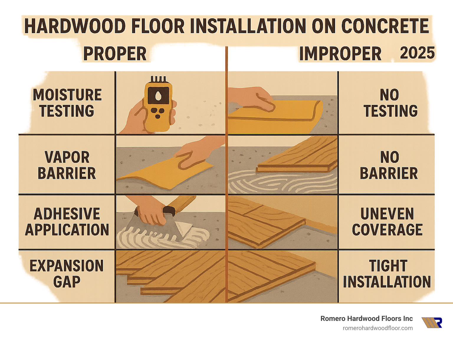 Comparison infographic showing proper vs improper installation techniques: moisture testing with digital meters vs skipping tests, proper vapor barrier installation vs no barrier, correct adhesive application with notched trowel vs uneven coverage, and adequate expansion gaps vs tight installations - Hardwood Floor Installation Concrete infographic