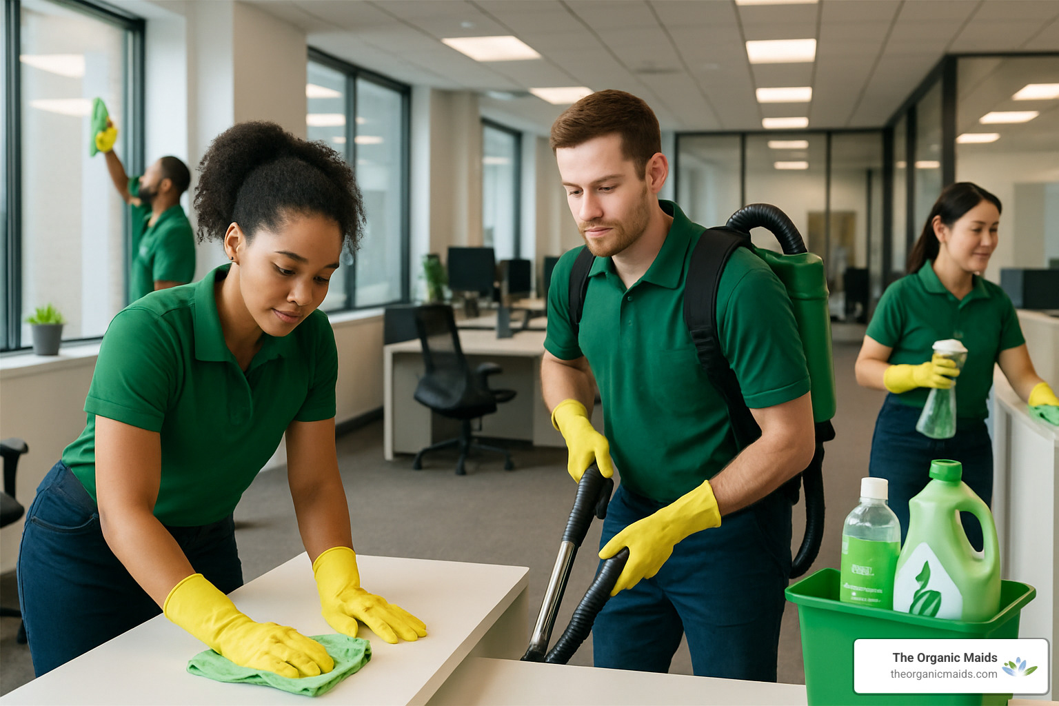 team of professional cleaners with eco-friendly equipment - commercial office cleaner