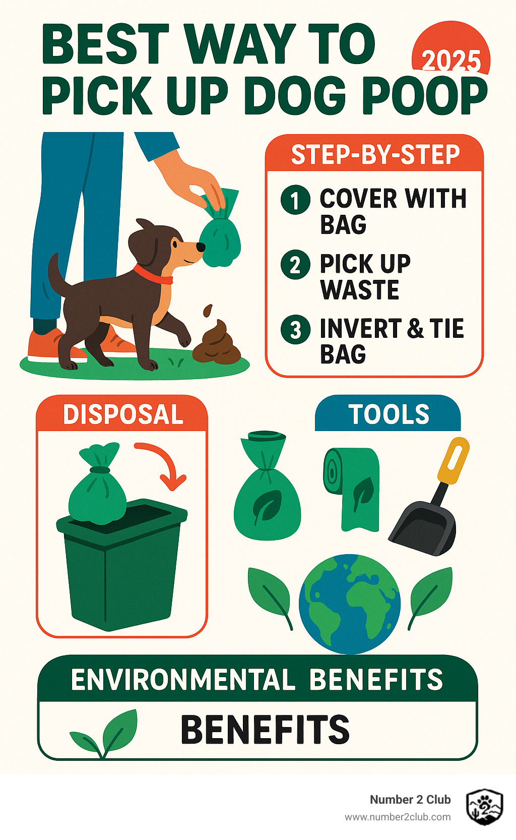 Step-by-step guide showing proper dog waste pickup techniques, disposal methods, essential tools like biodegradable bags and pooper scoopers, and environmental benefits of responsible pet waste management - best way to pick up dog poop infographic 