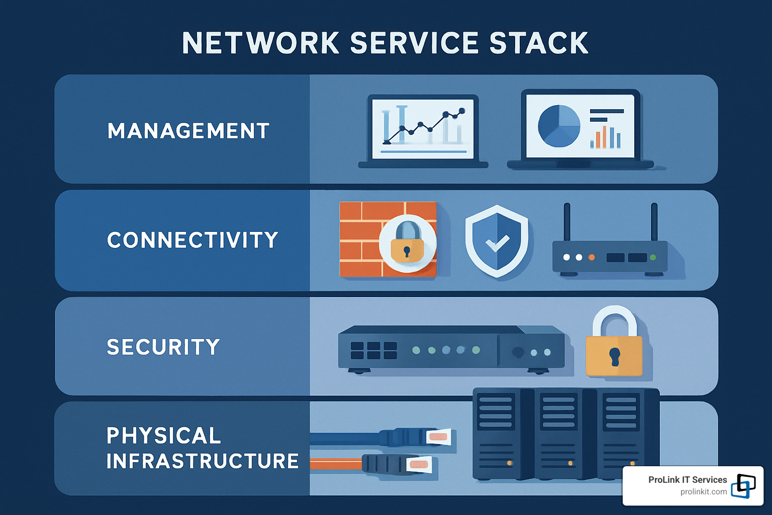 layered network service stack showing physical infrastructure, connectivity services, security layers, and management tools - managed network services