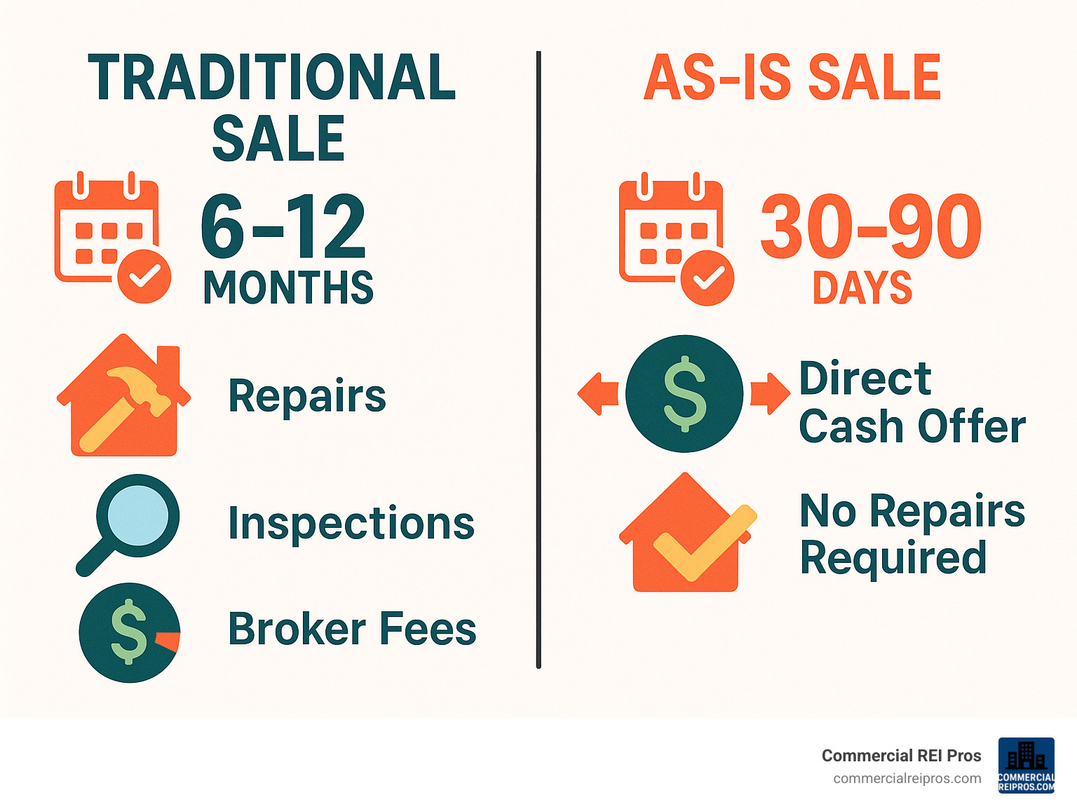 Infographic showing traditional sale taking 6-12 months with repairs, inspections, and broker fees versus as-is sale taking 30-90 days with direct cash offers and no repair requirements - sell commercial property as is infographic 