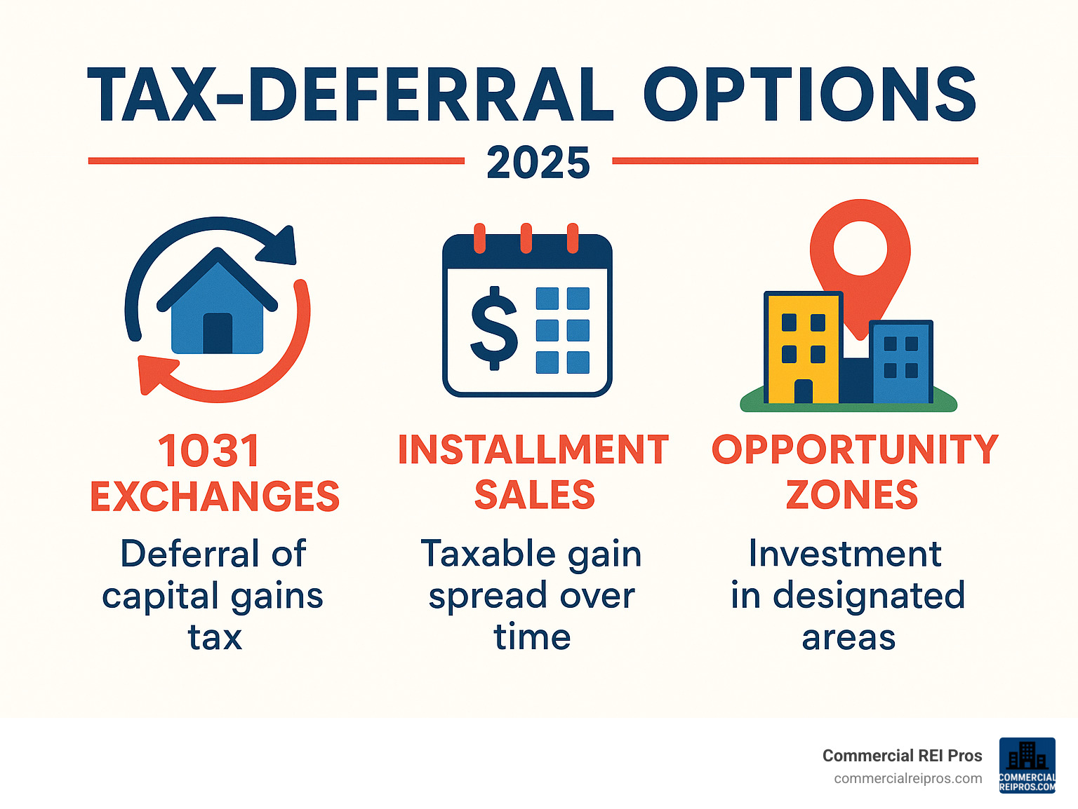 Infographic showing tax-deferral options including 1031 exchanges, installment sales, and opportunity zones - sell commercial property as is infographic 