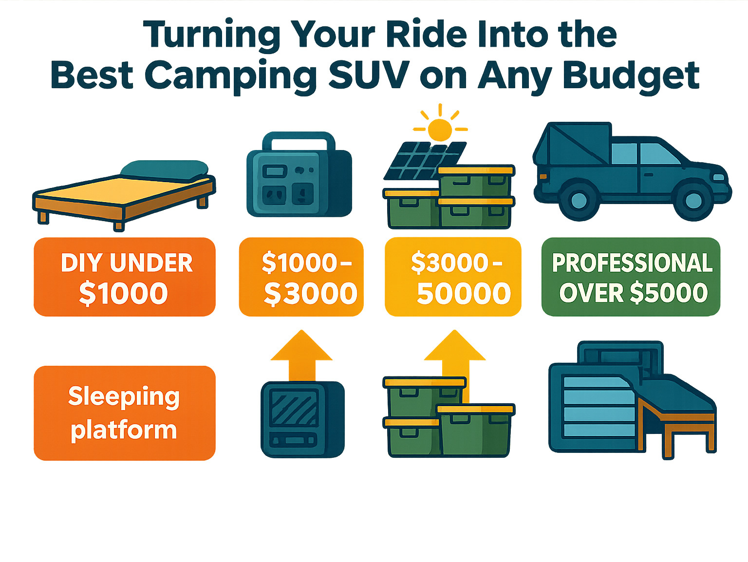 Infographic showing cost breakdown of SUV camping conversion options from basic DIY setups under $1000 to premium professional installations over $5000, including sleeping platforms, power systems, storage solutions, and accessories - best camping suv infographic