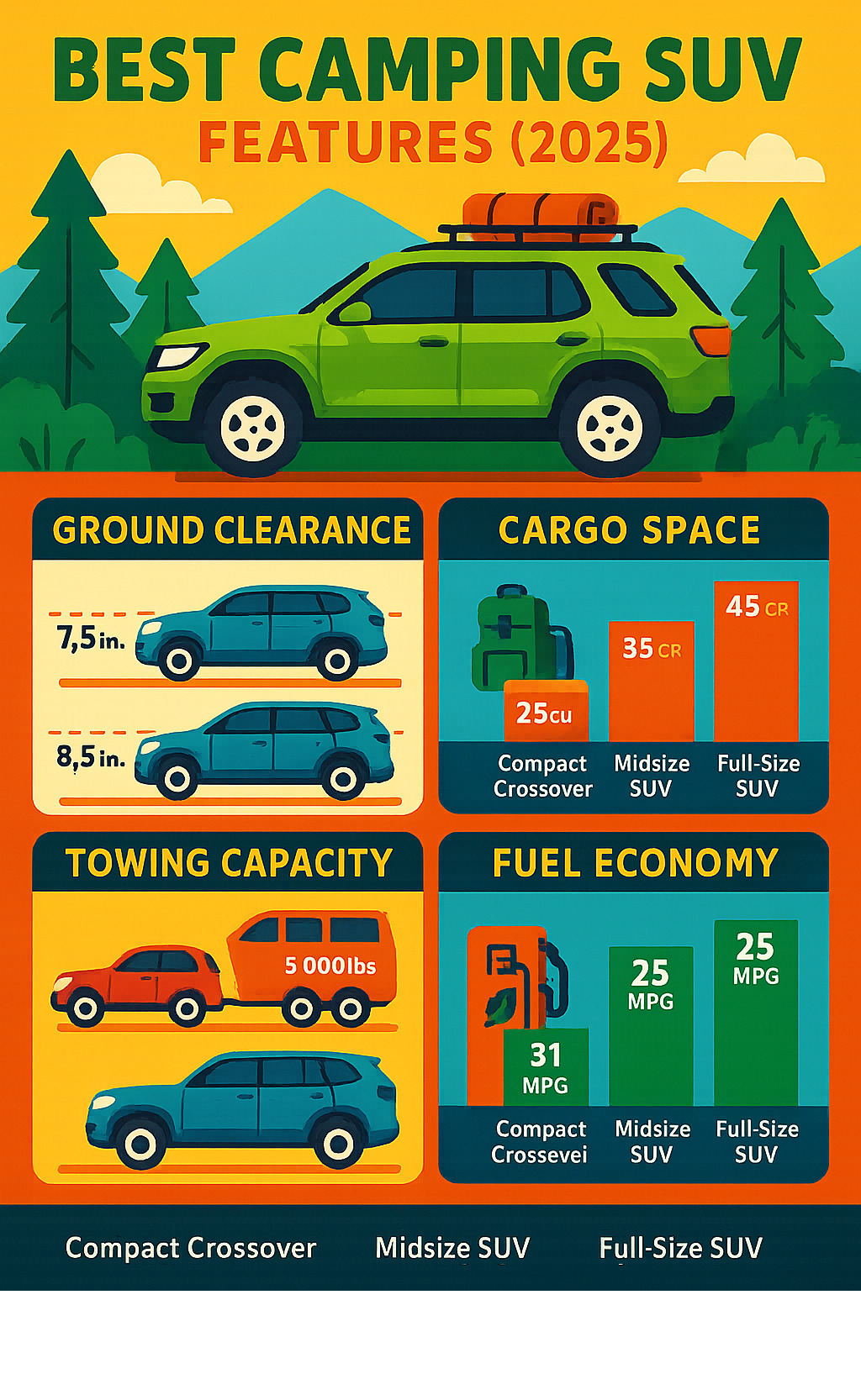 Infographic showing essential camping SUV features including ground clearance measurements, cargo space comparisons, towing capacities, and fuel economy ratings across different SUV categories from compact crossovers to full-size models - best camping suv infographic