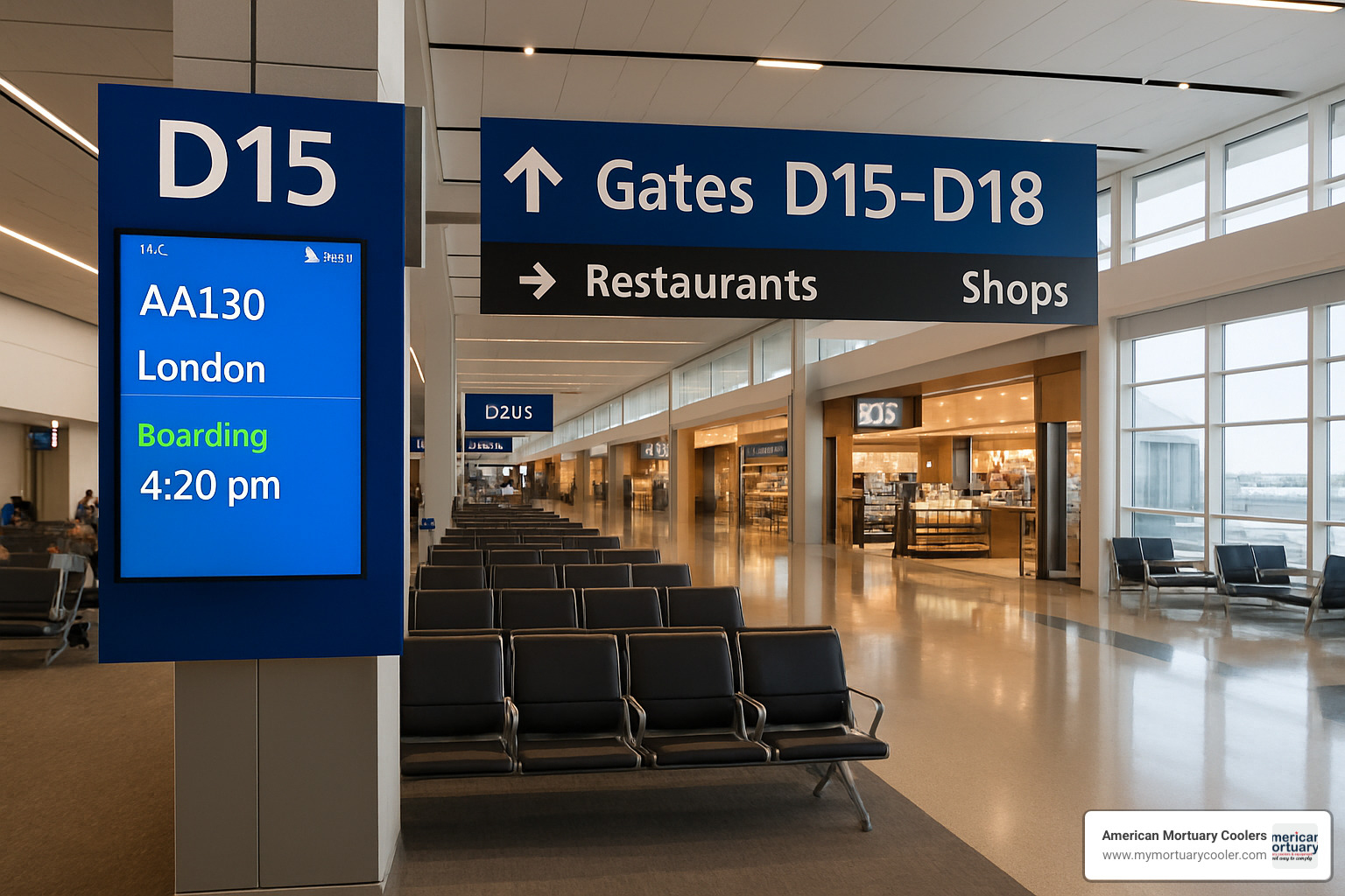 DFW Terminal D international gates showing departure boards, seating areas, and passenger amenities with clear signage for AA130 boarding areas - aa130
