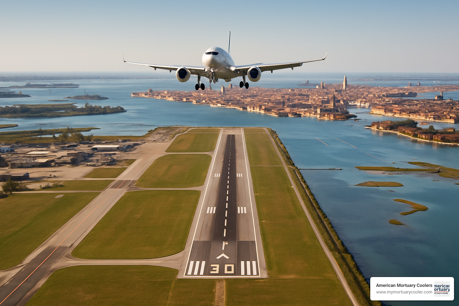 Venice Marco Polo Airport runway view showing the scenic approach over the Venetian lagoon with the city skyline visible in the background - aa130