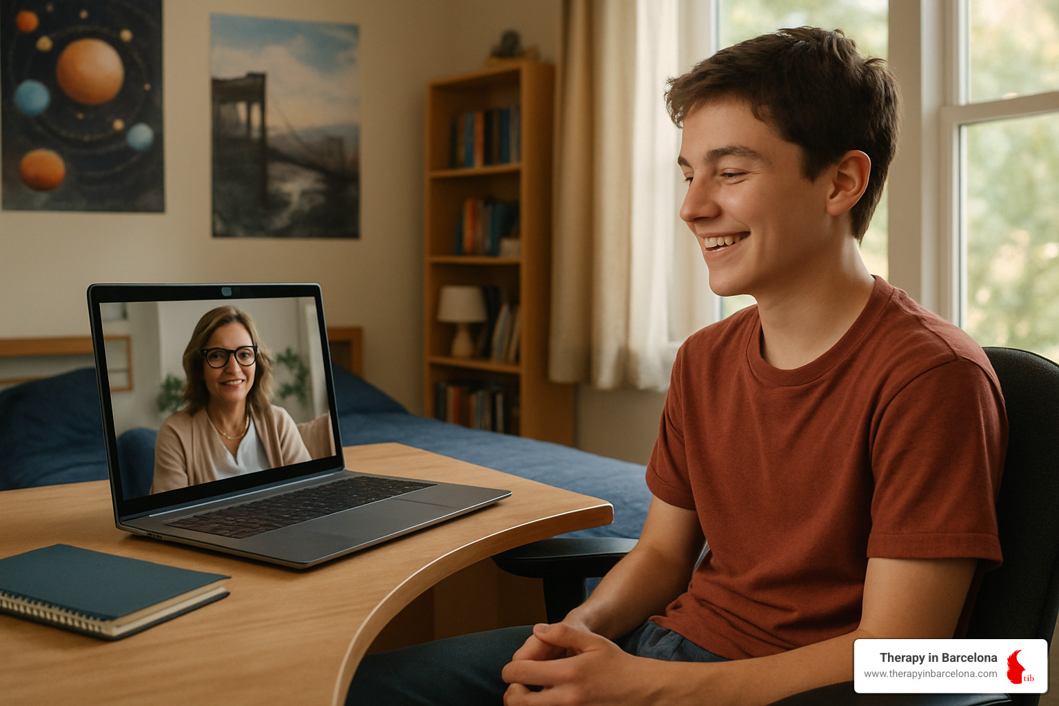 Teen on a video call with a friendly therapist, smiling and relaxed - teenager therapy barcelona
