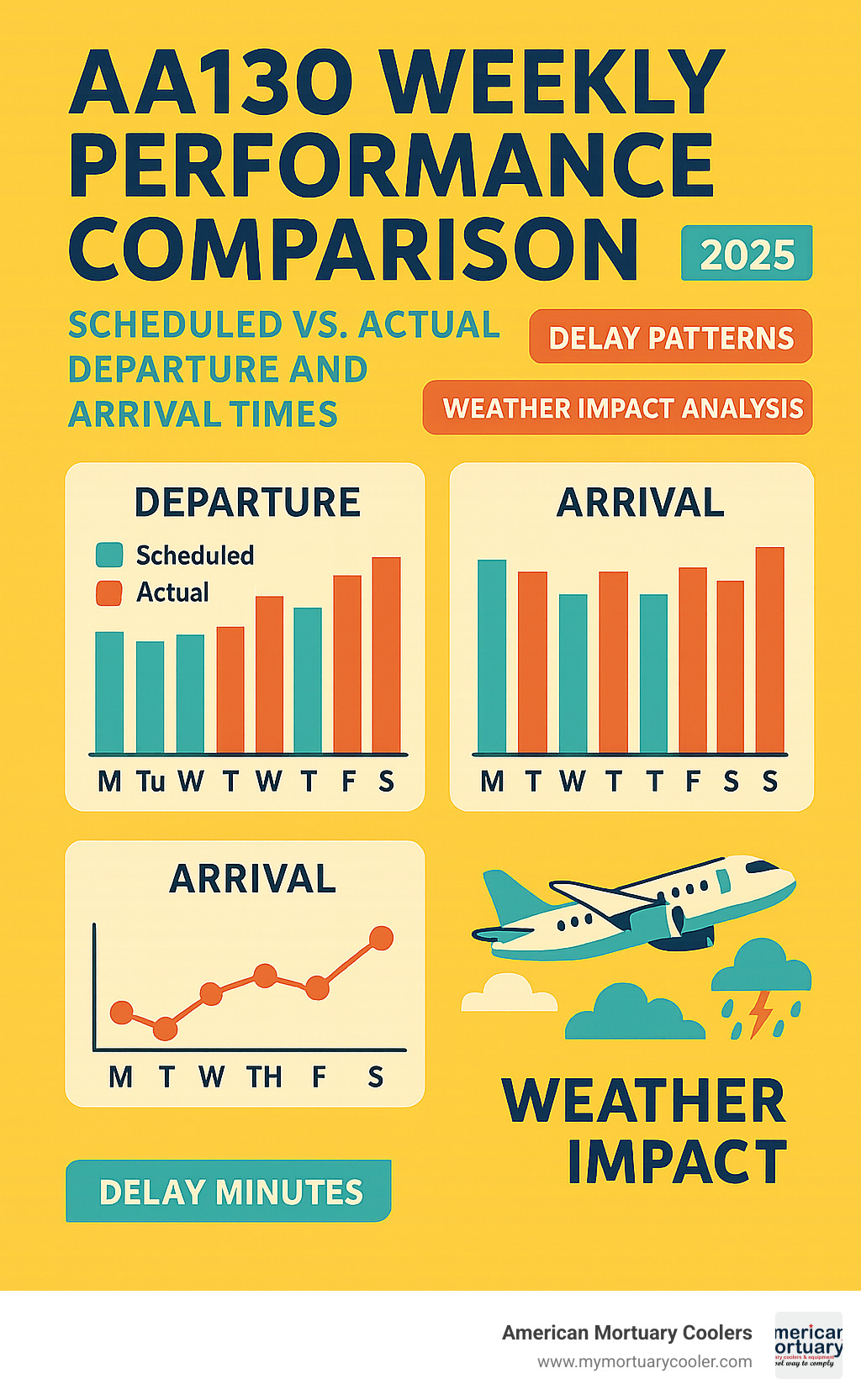 AA130 weekly performance comparison showing scheduled vs actual departure and arrival times with delay patterns and weather impact analysis - aa130 infographic 