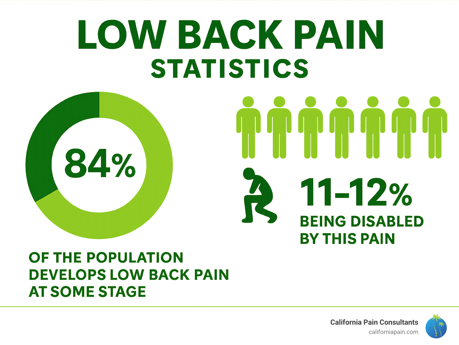 Statistics showing that 84% of the population develops low back pain at some stage, with 11-12% being disabled by this pain - back muscles infographic 