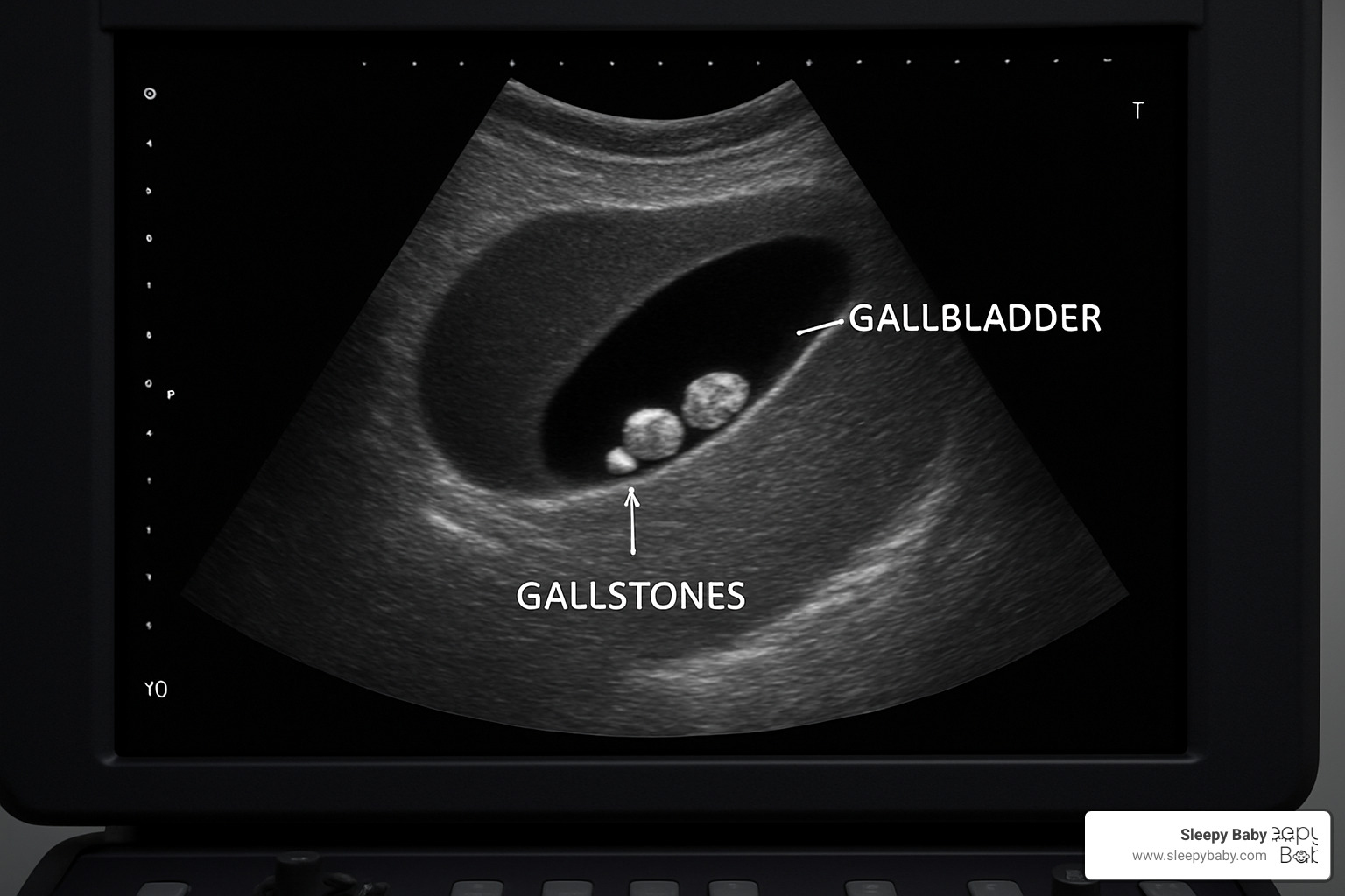 ultrasound screen showing gallstones in gallbladder - colicky pain