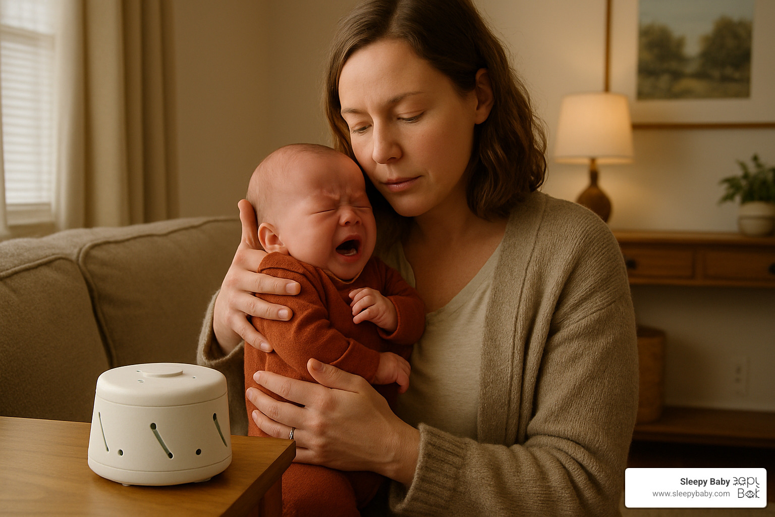 parent using white noise device to soothe crying baby - colicky pain