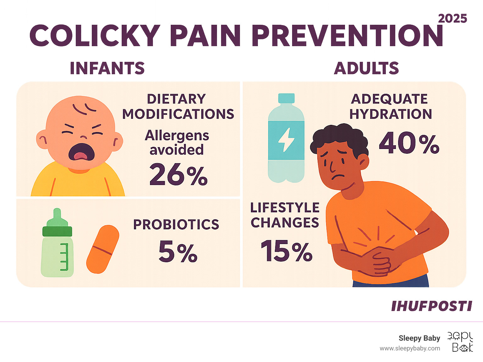Infographic showing prevention strategies for both infant and adult colicky pain, including dietary modifications, hydration guidelines, and lifestyle changes with statistics on effectiveness - colicky pain infographic 