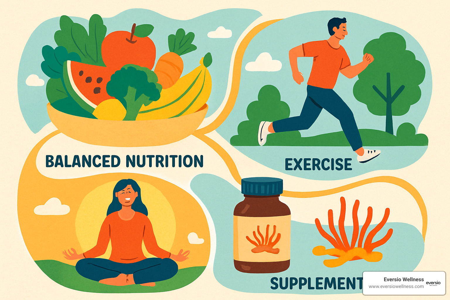 Comprehensive wellness approach showing balanced nutrition, regular exercise, stress management, and quality supplements working together - cordyceps mushroom pre workout infographic 